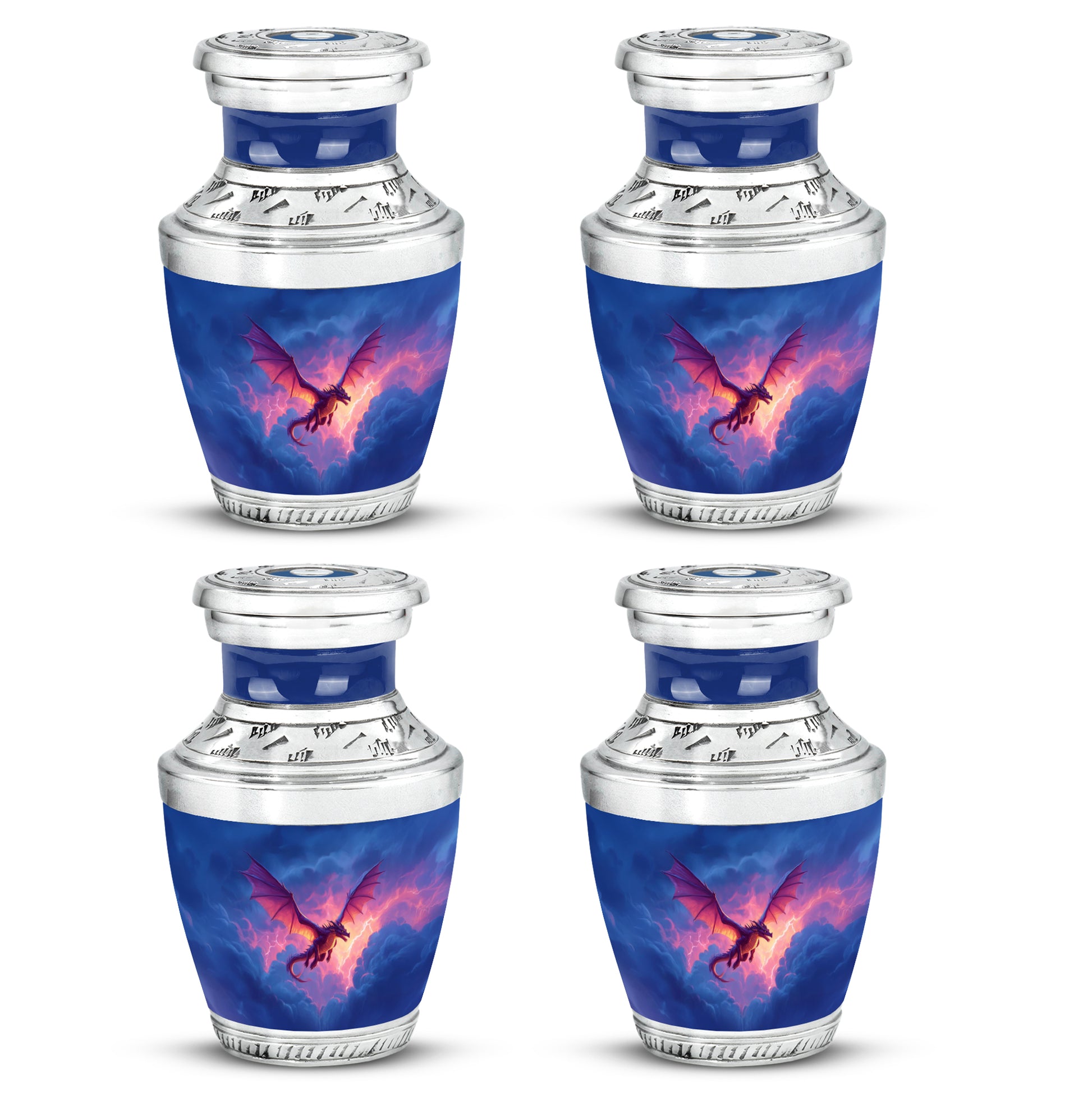 Twilight Blue Dragon Cremation Urn back view with polished surface - artistic dragon interpretation with creative detail - 10 inch aluminum urn for cremated remains