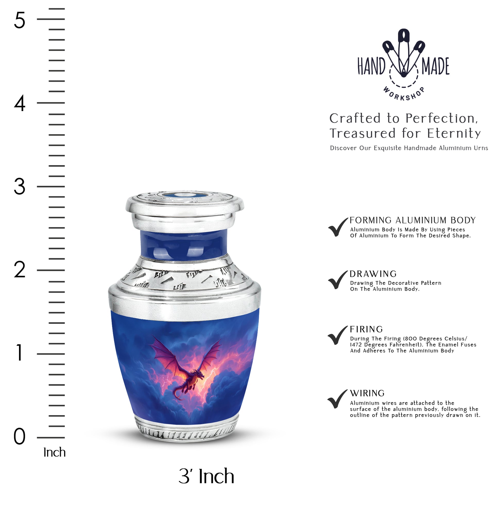 Twilight Blue Dragon Cremation Urn top-down view of secure threaded lid - artistic dragon interpretation with creative detail - mini keepsake memorial for portion of cremation ashes