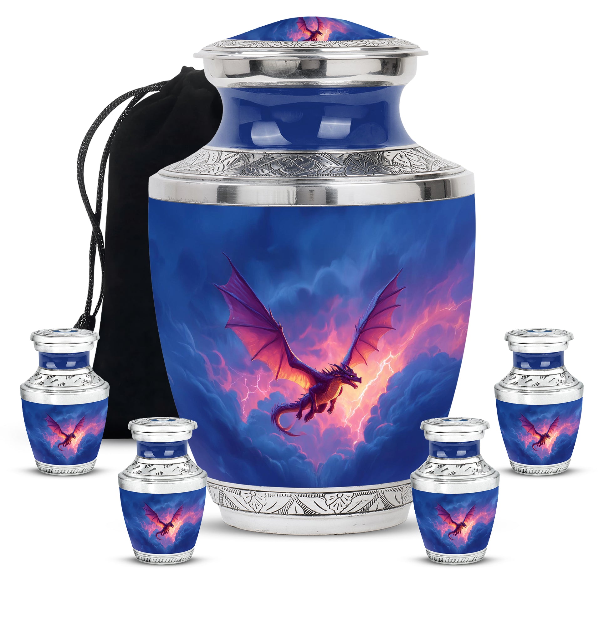 Slate Blue Dragon Cremation Urn lifestyle display on memorial shelf - contemporary dragon design with modern artistic flair - memorial set with one large and four small urns