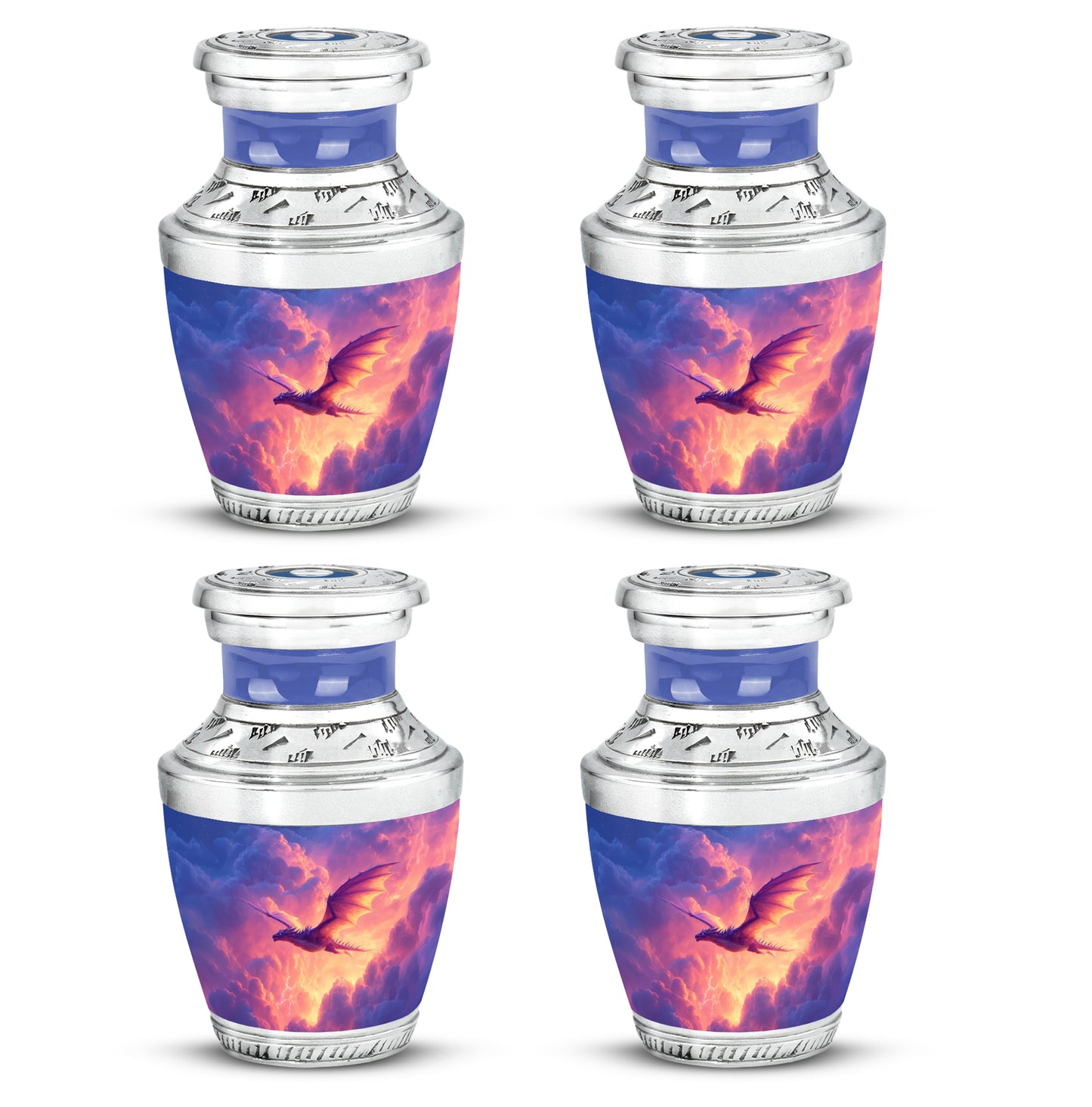 Celestial Blue Dragon Cremation Urn back view with polished surface - contemporary dragon design with modern artistic flair - 10 inch aluminum urn for cremated remains