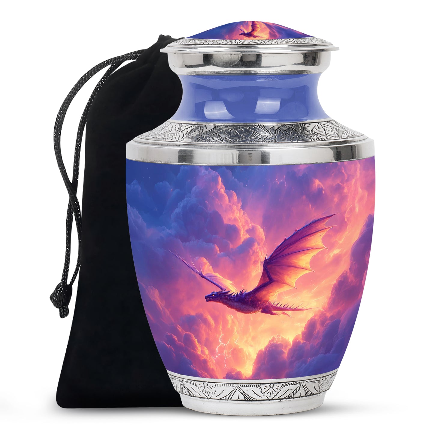 Steel Blue Dragon Cremation Urn side profile showing urn shape - stylized abstract dragon pattern with bold lines - full-size 10 inch 200 cubic inch adult cremation urn