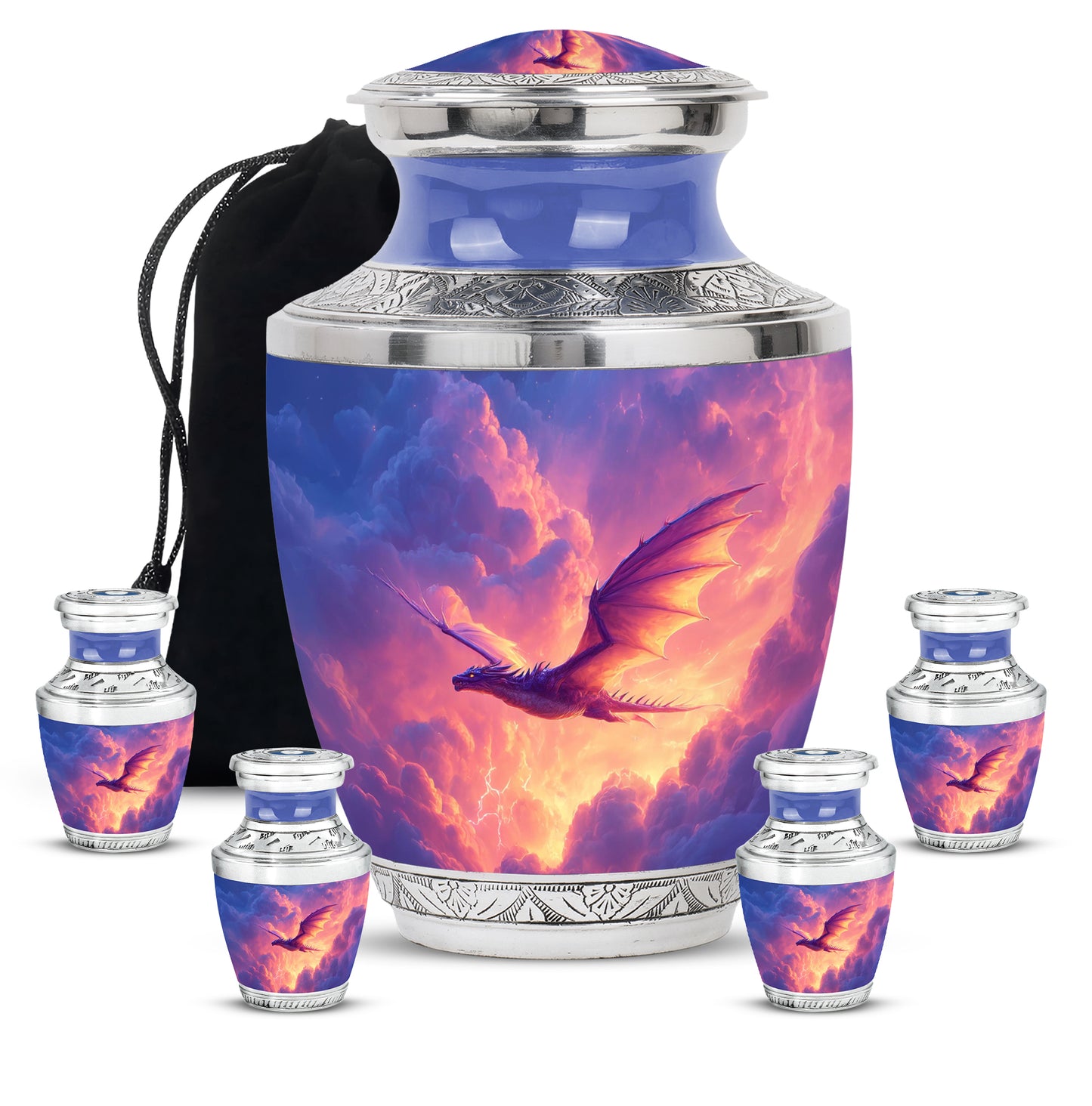 Vivid Blue Dragon Cremation Urn lifestyle display on memorial shelf - stylized abstract dragon pattern with bold lines - memorial set with one large and four small urns
