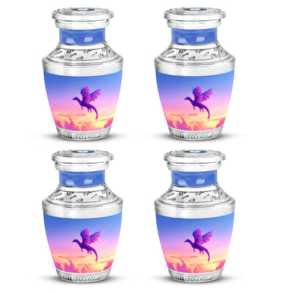 Royal Blue Dragon Cremation Urn back view with polished surface - stylized abstract dragon pattern with bold lines - 10 inch aluminum urn for cremated remains
