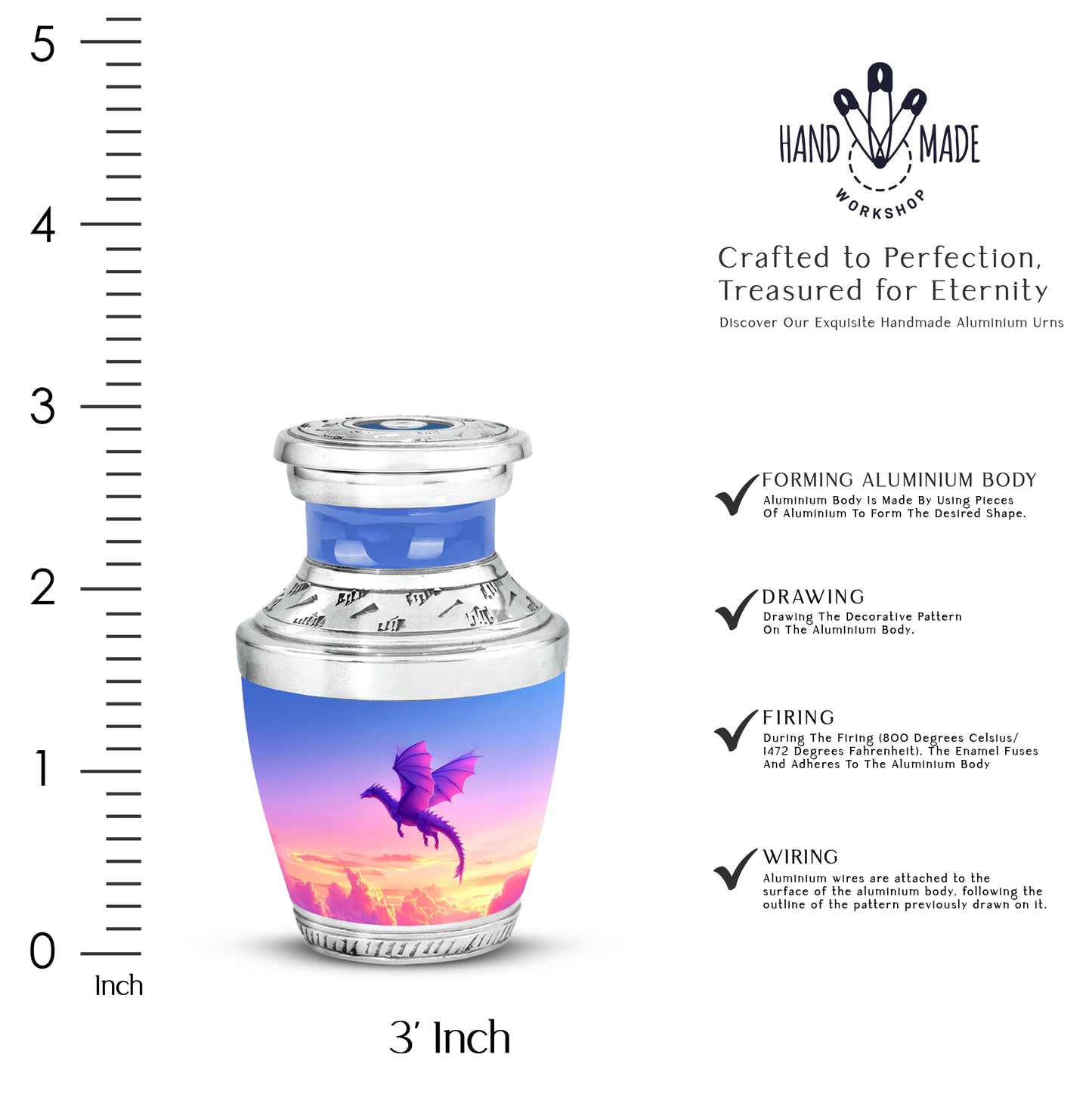 Steel Blue Dragon Cremation Urn top-down view of secure threaded lid - stylized abstract dragon pattern with bold lines - mini keepsake memorial for portion of cremation ashes