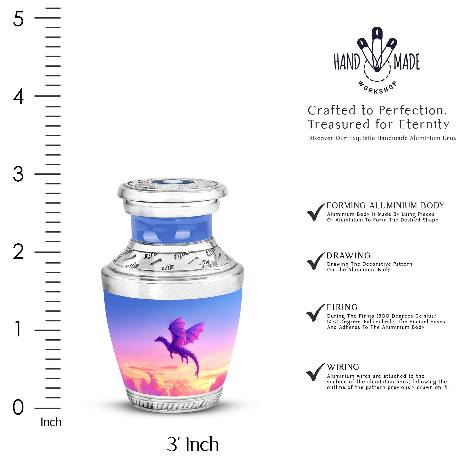 Steel Blue Dragon Cremation Urn top-down view of secure threaded lid - stylized abstract dragon pattern with bold lines - mini keepsake memorial for portion of cremation ashes