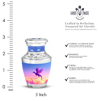 Steel Blue Dragon Cremation Urn top-down view of secure threaded lid - stylized abstract dragon pattern with bold lines - mini keepsake memorial for portion of cremation ashes