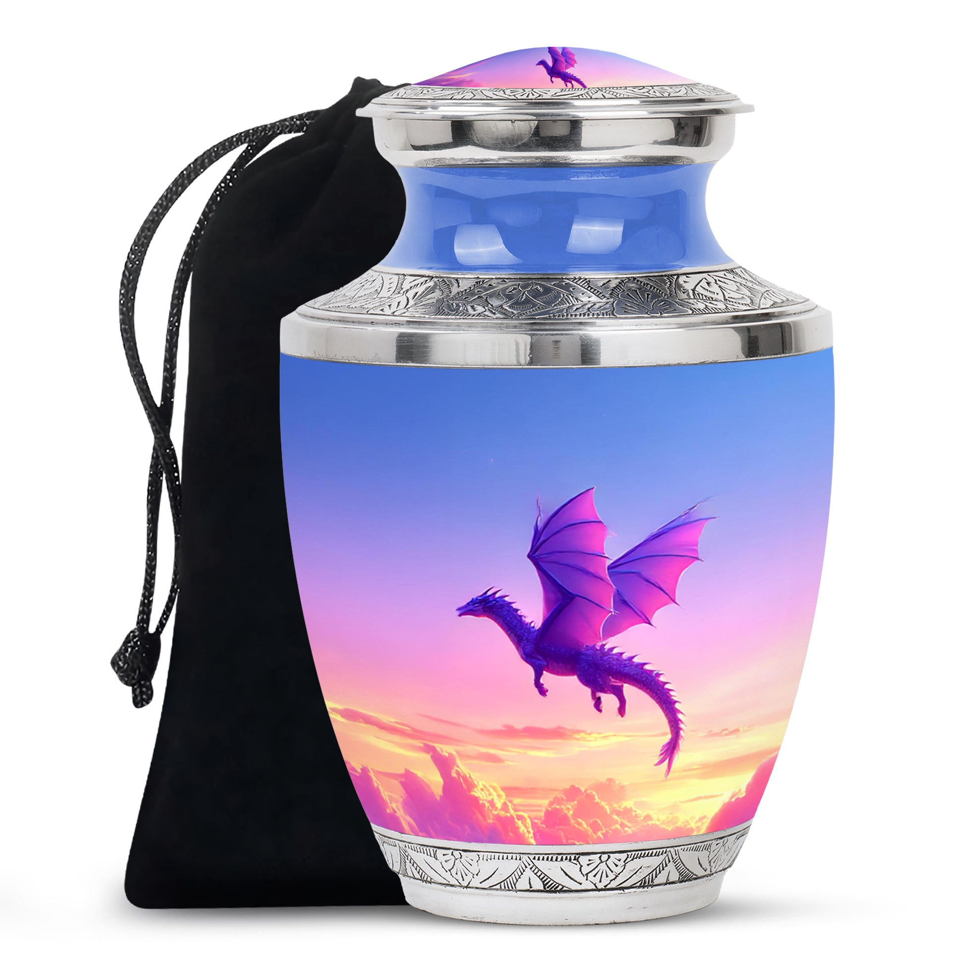 Indigo Dragon Cremation Urn side profile showing urn shape - contemporary dragon design with modern artistic flair - full-size 10 inch 200 cubic inch adult cremation urn