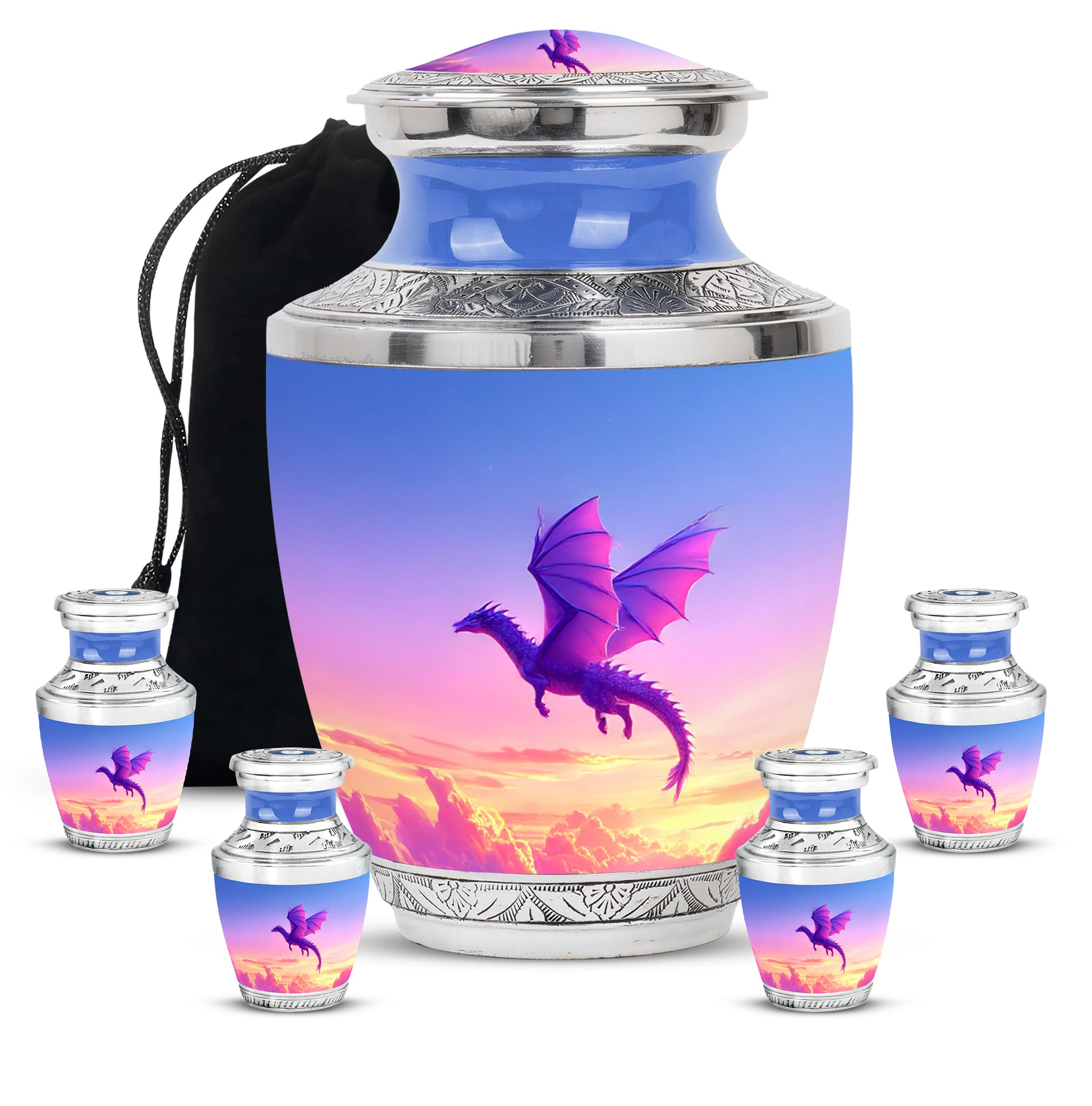 Powder Blue Dragon Cremation Urn lifestyle display on memorial shelf - modern art-inspired dragon motif on sleek aluminum - memorial set with one large and four small urns