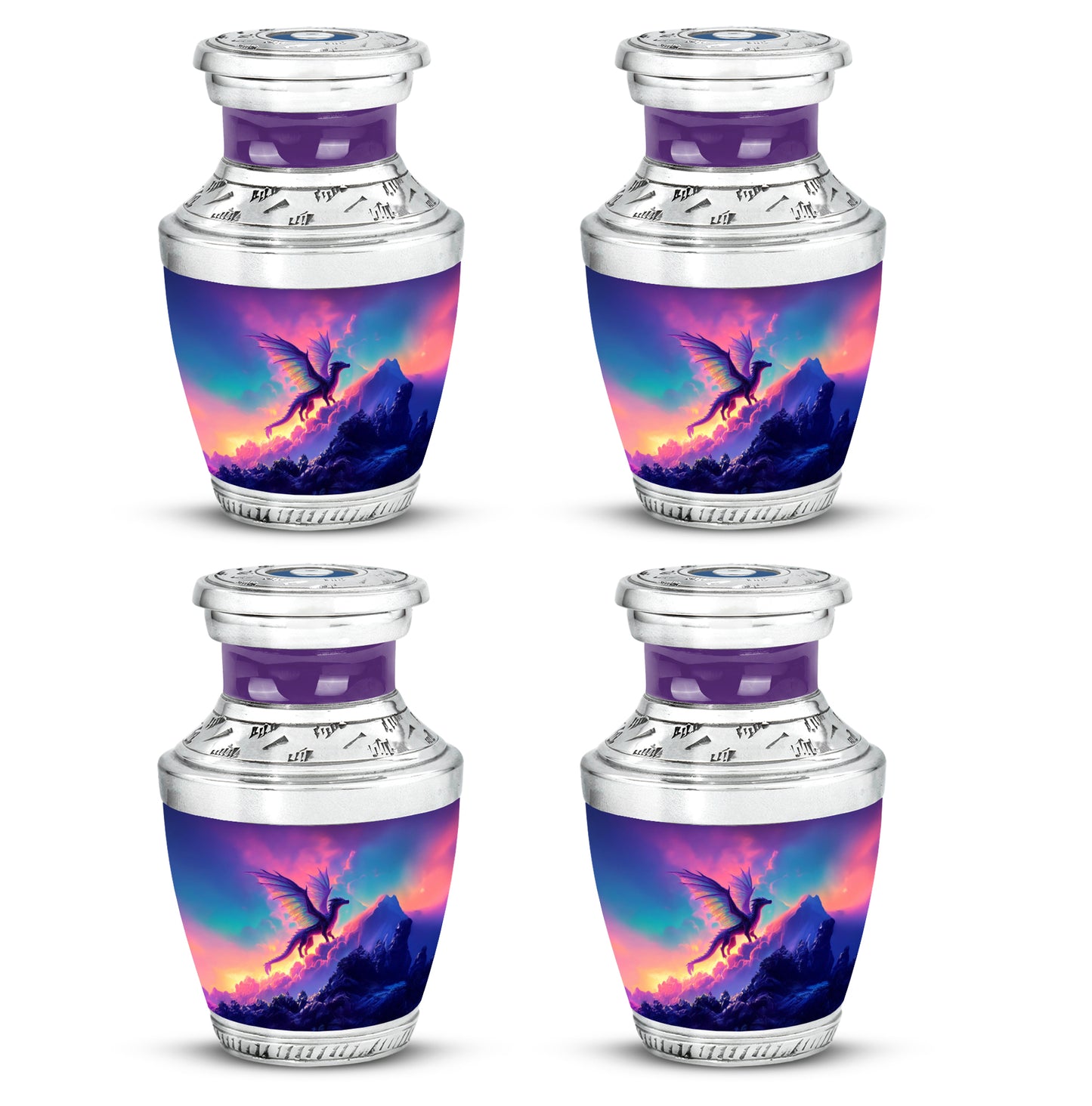 Powder Blue Dragon Cremation Urn back view with polished surface - contemporary dragon design with modern artistic flair - 10 inch aluminum urn for cremated remains