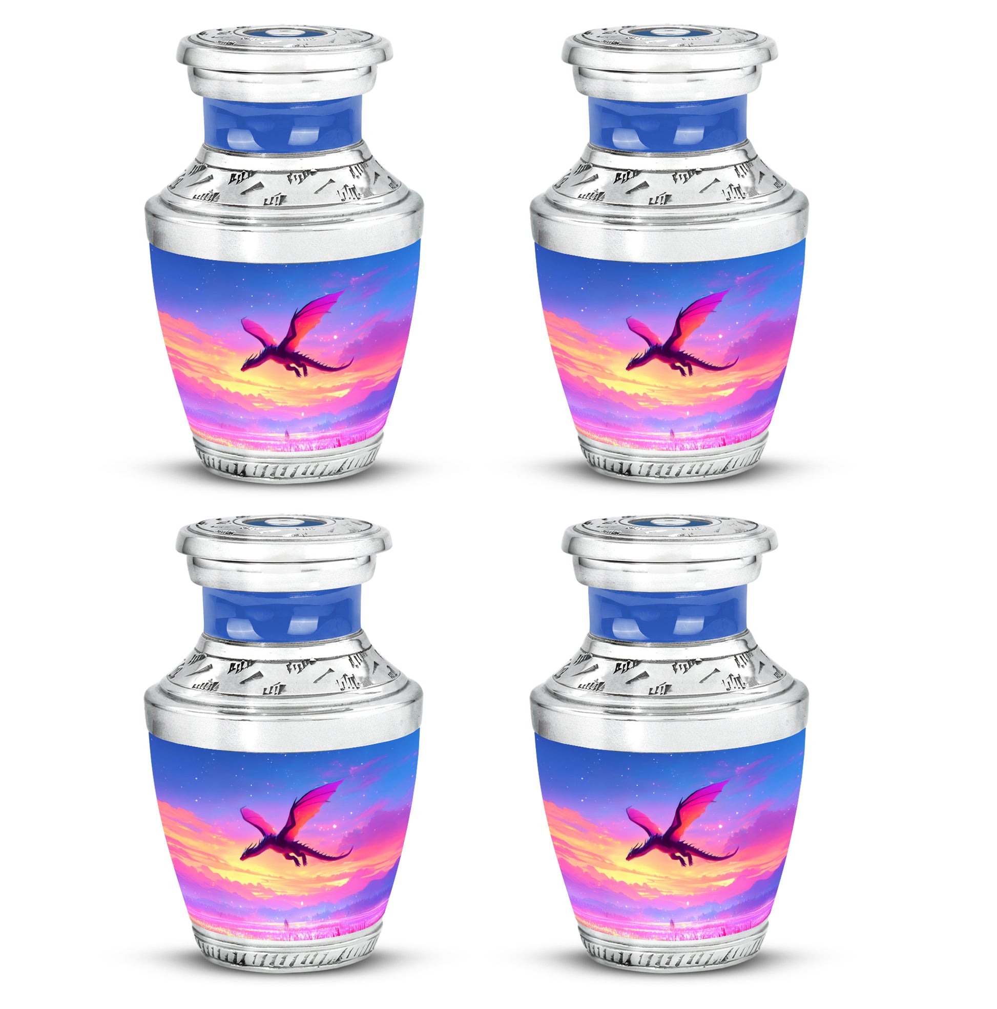 Navy Blue Dragon Cremation Urn back view with polished surface - contemporary dragon design with modern artistic flair - 10 inch aluminum urn for cremated remains