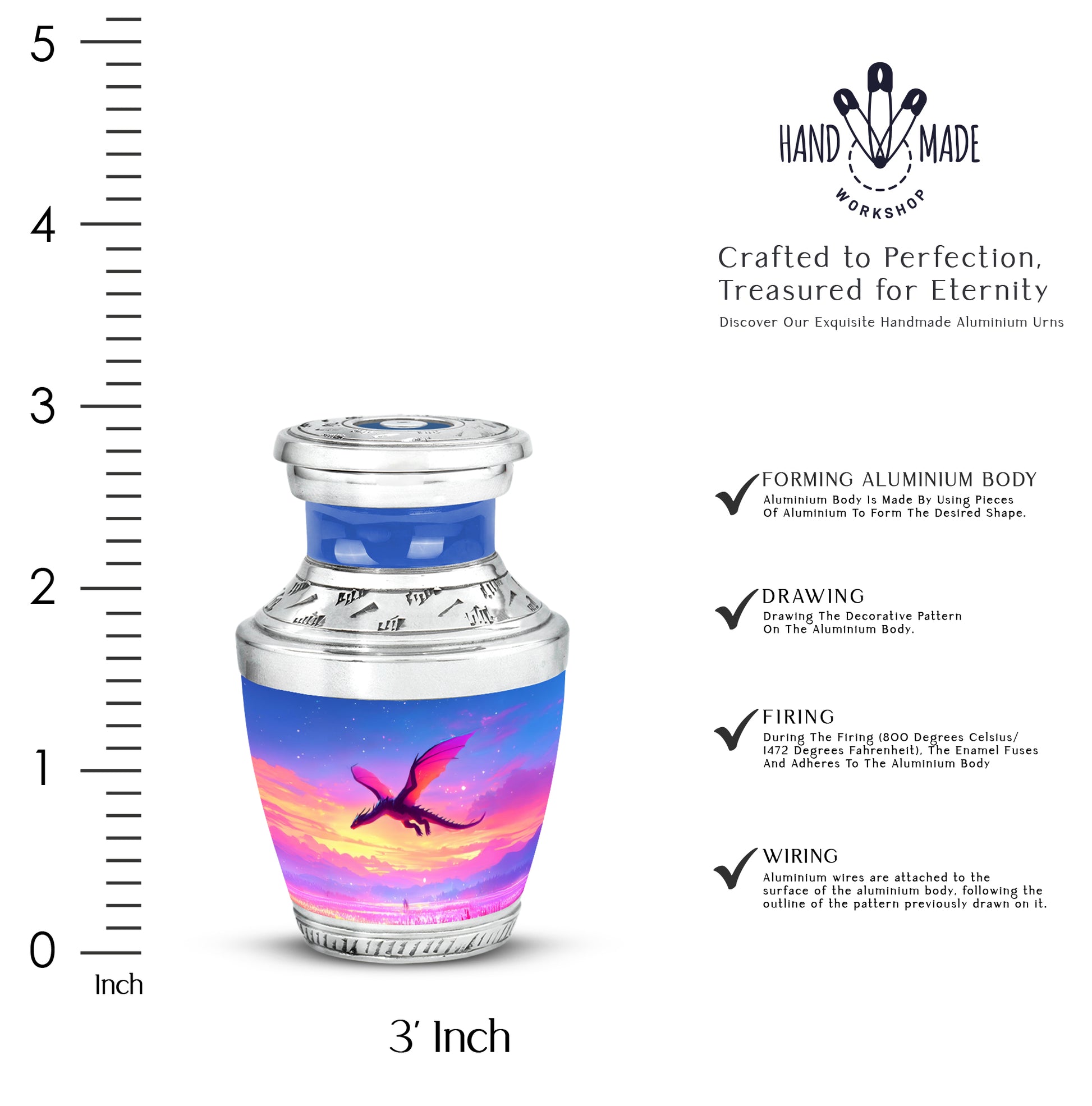 Cornflower Blue Dragon Cremation Urn top-down view of secure threaded lid - stylized abstract dragon pattern with bold lines - mini keepsake memorial for portion of cremation ashes