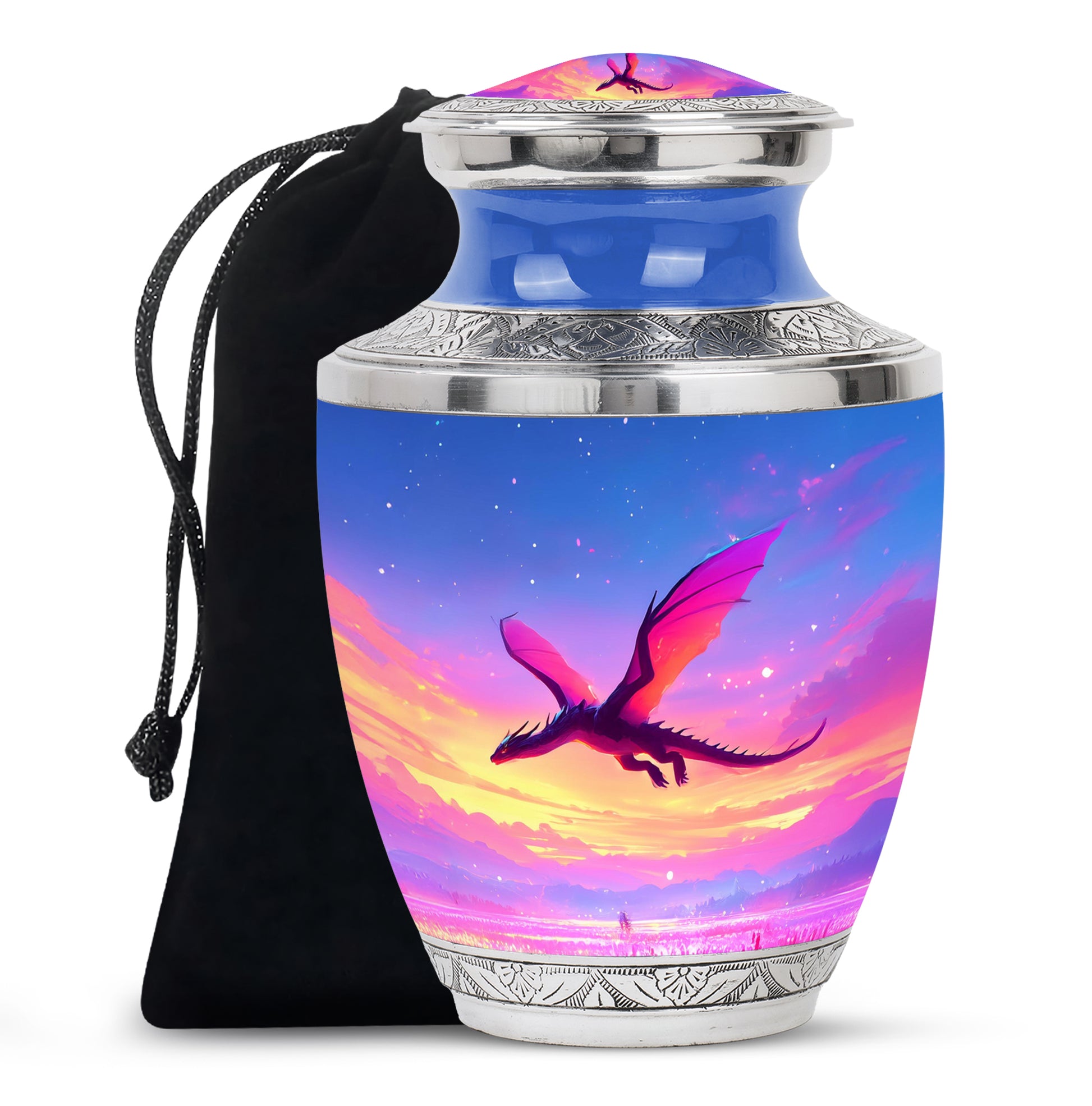 Navy Blue Dragon Cremation Urn side profile showing urn shape - contemporary dragon design with modern artistic flair - full-size 10 inch 200 cubic inch adult cremation urn