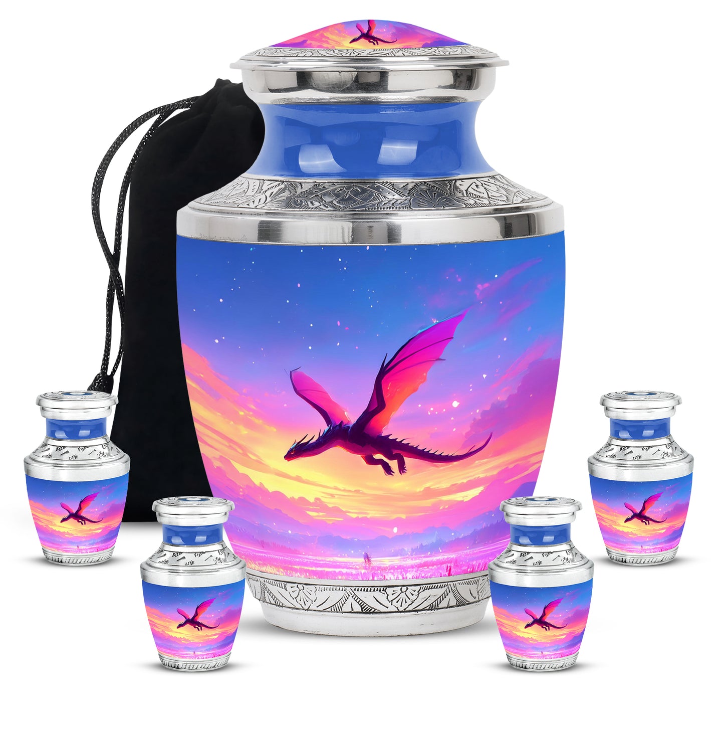 Slate Blue Dragon Cremation Urn lifestyle display on memorial shelf - modern art-inspired dragon motif on sleek aluminum - memorial set with one large and four small urns
