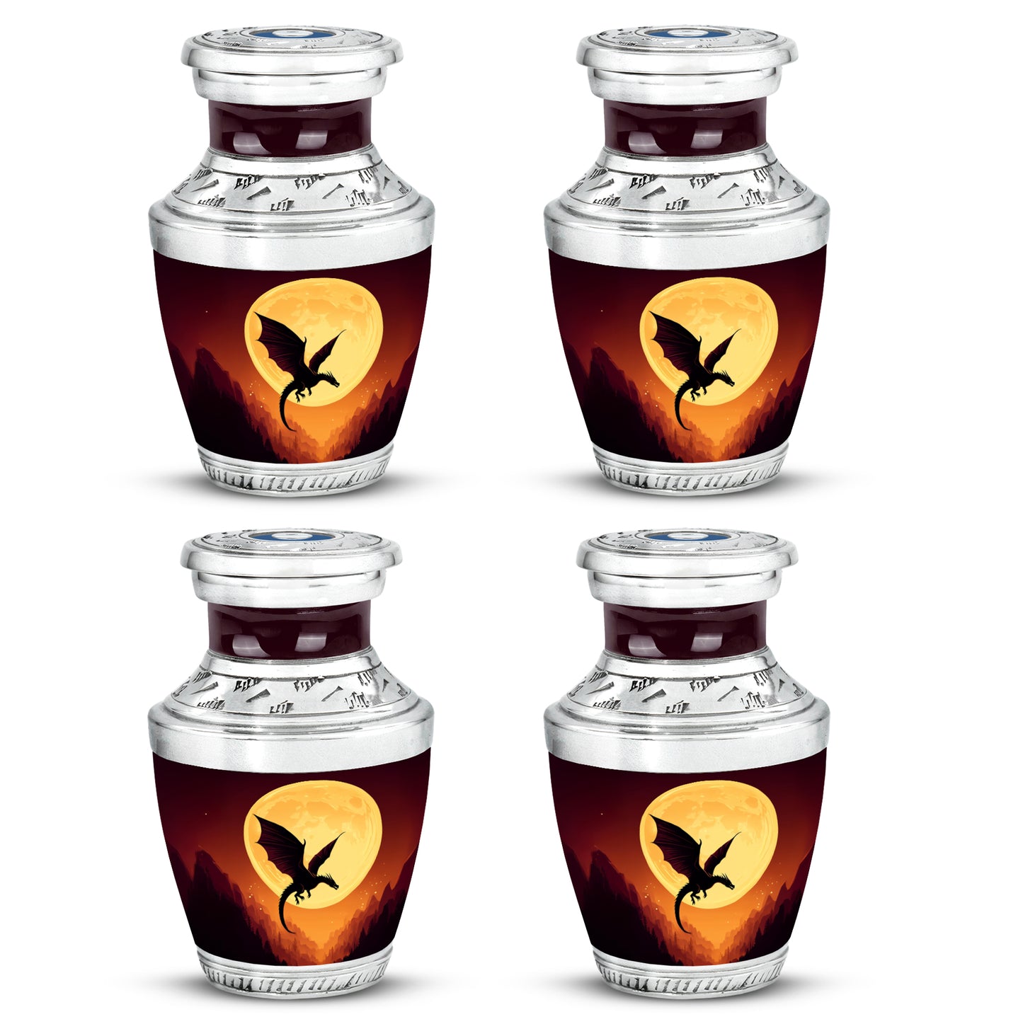 Fiery Red Dragon Cremation Urn back view with polished surface - stylized abstract dragon pattern with bold lines - 10 inch aluminum urn for cremated remains