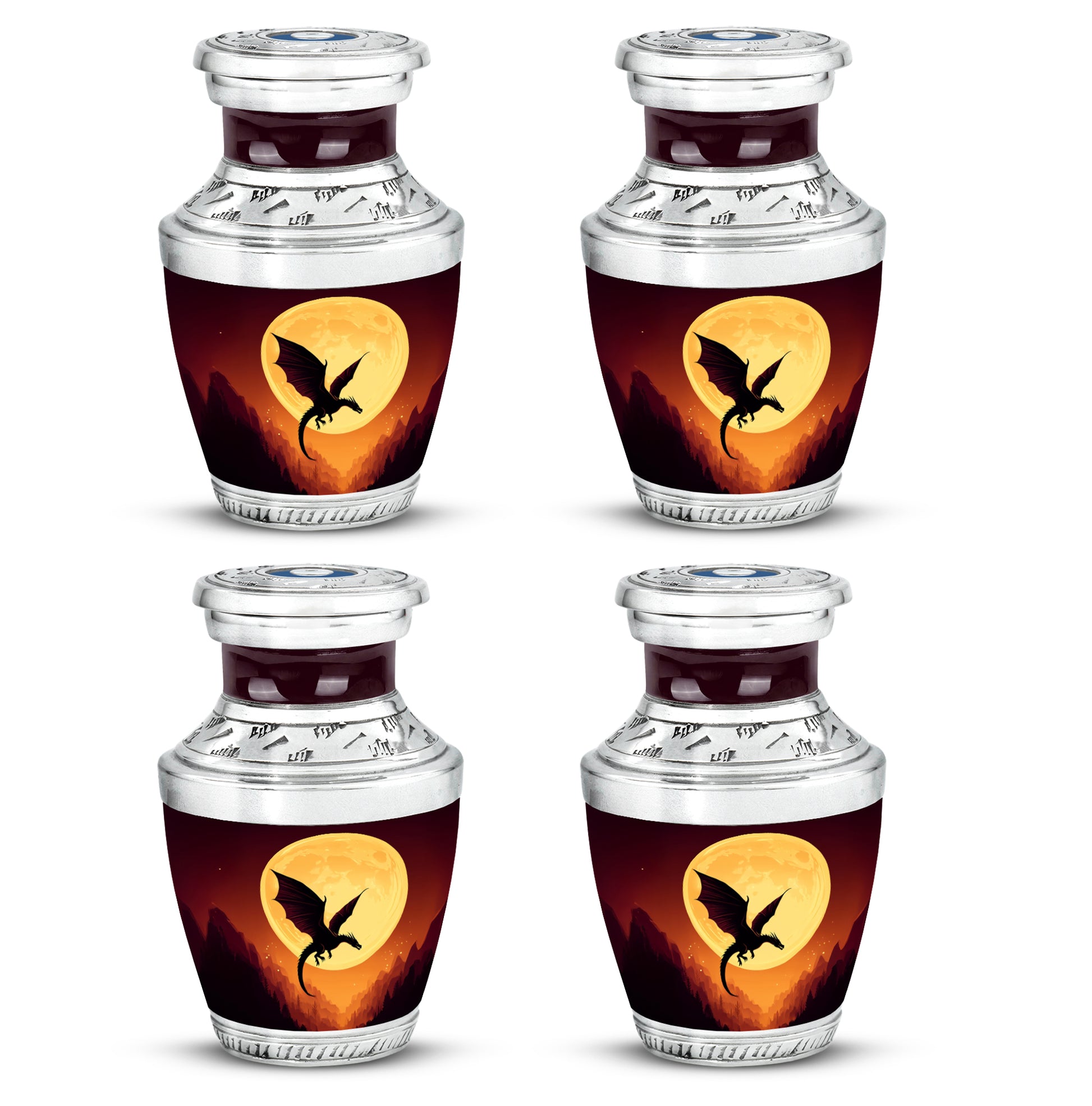 Fiery Red Dragon Cremation Urn back view with polished surface - stylized abstract dragon pattern with bold lines - 10 inch aluminum urn for cremated remains
