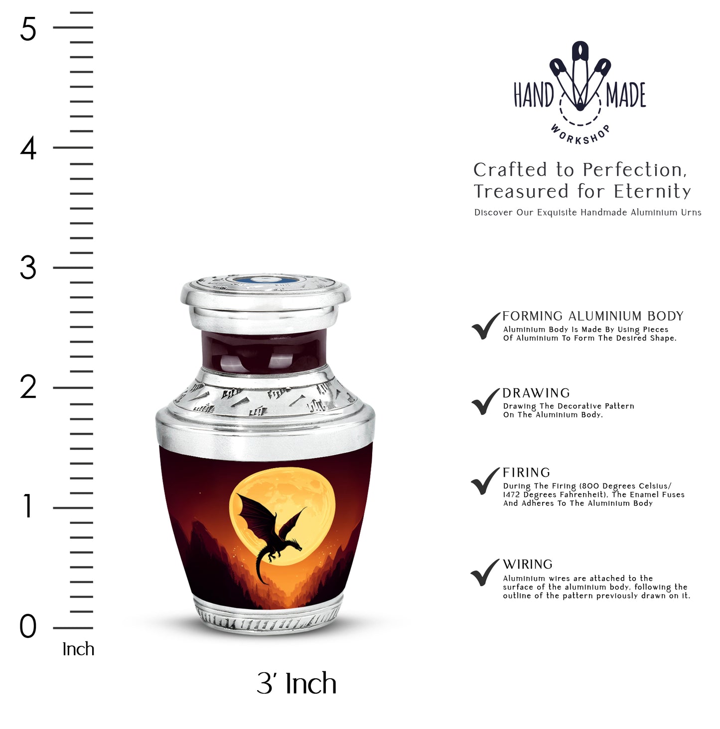 Deep Red Dragon Cremation Urn top-down view of secure threaded lid - contemporary dragon design with modern artistic flair - mini keepsake memorial for portion of cremation ashes