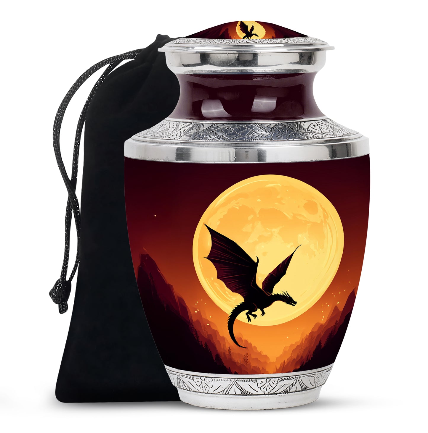 Crimson Red Dragon Cremation Urn side profile showing urn shape - contemporary dragon design with modern artistic flair - full-size 10 inch 200 cubic inch adult cremation urn