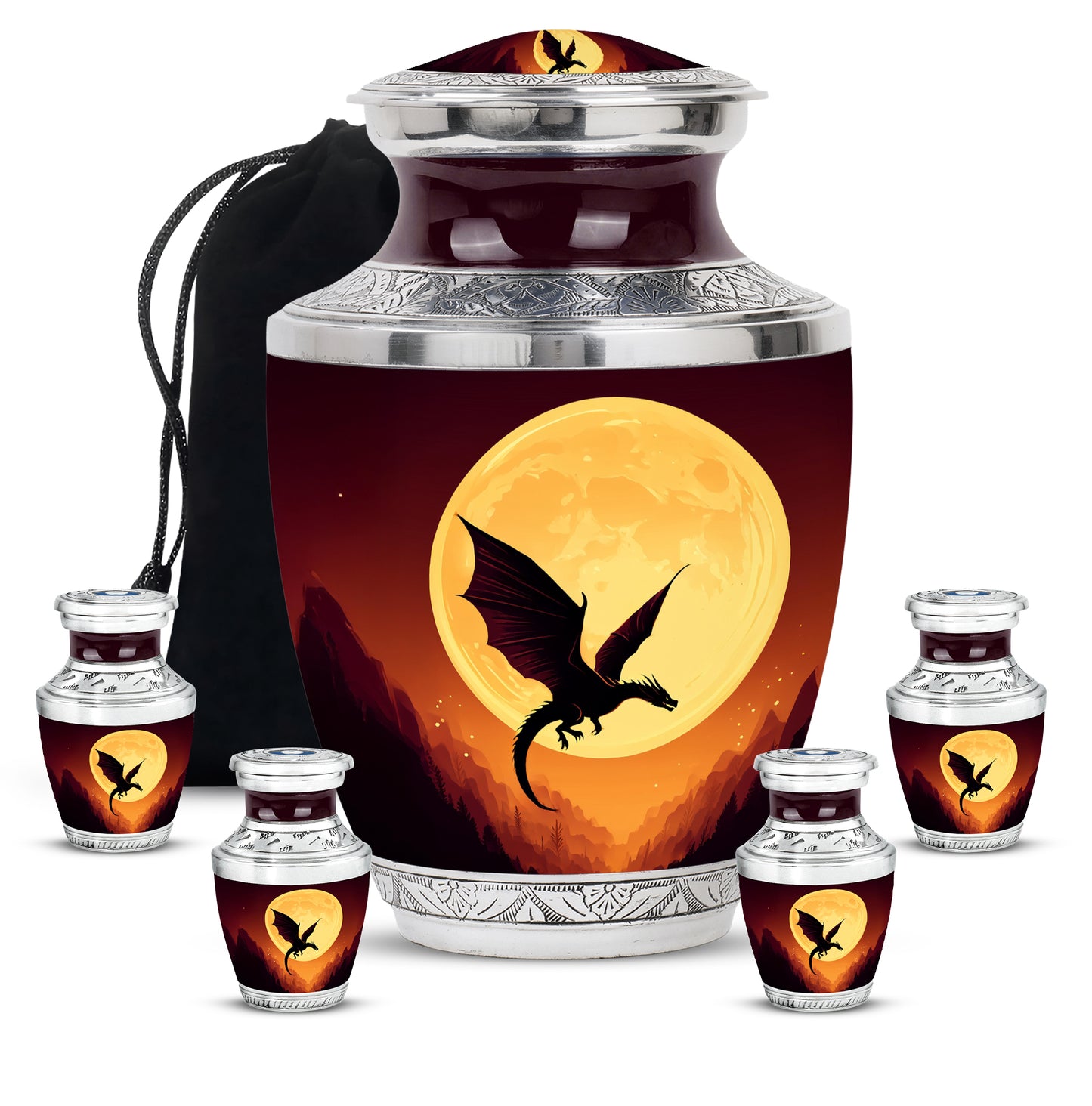 Rich Red Dragon Cremation Urn lifestyle display on memorial shelf - artistic dragon interpretation with creative detail - memorial set with one large and four small urns