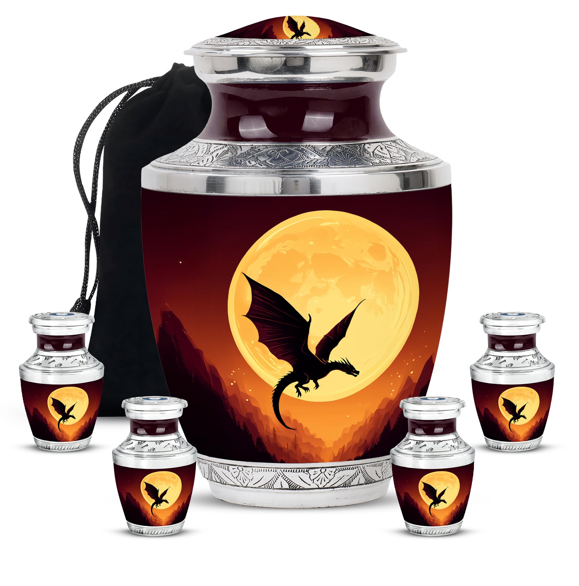 Rich Red Dragon Cremation Urn lifestyle display on memorial shelf - artistic dragon interpretation with creative detail - memorial set with one large and four small urns