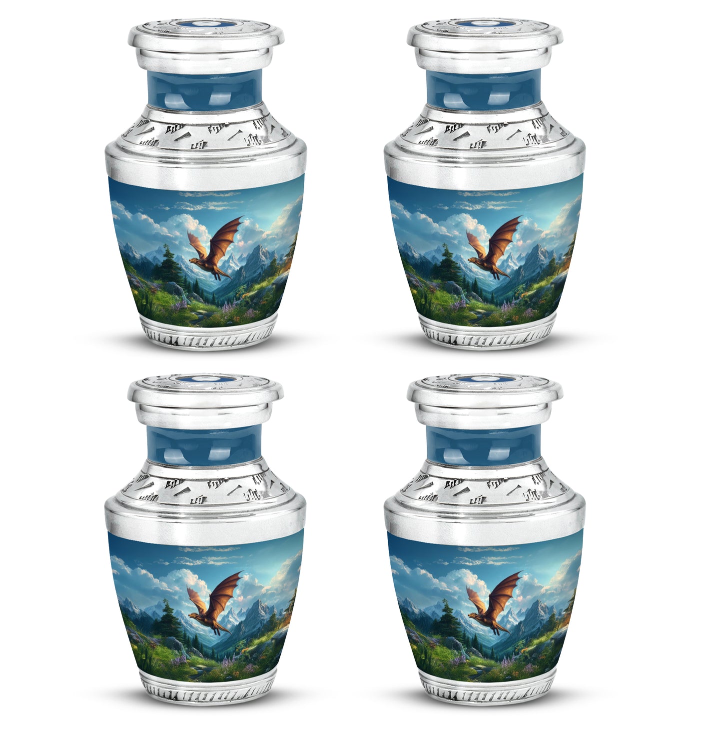 Sky Blue Dragon Cremation Urn back view with polished surface - modern art-inspired dragon motif on sleek aluminum - 10 inch aluminum urn for cremated remains