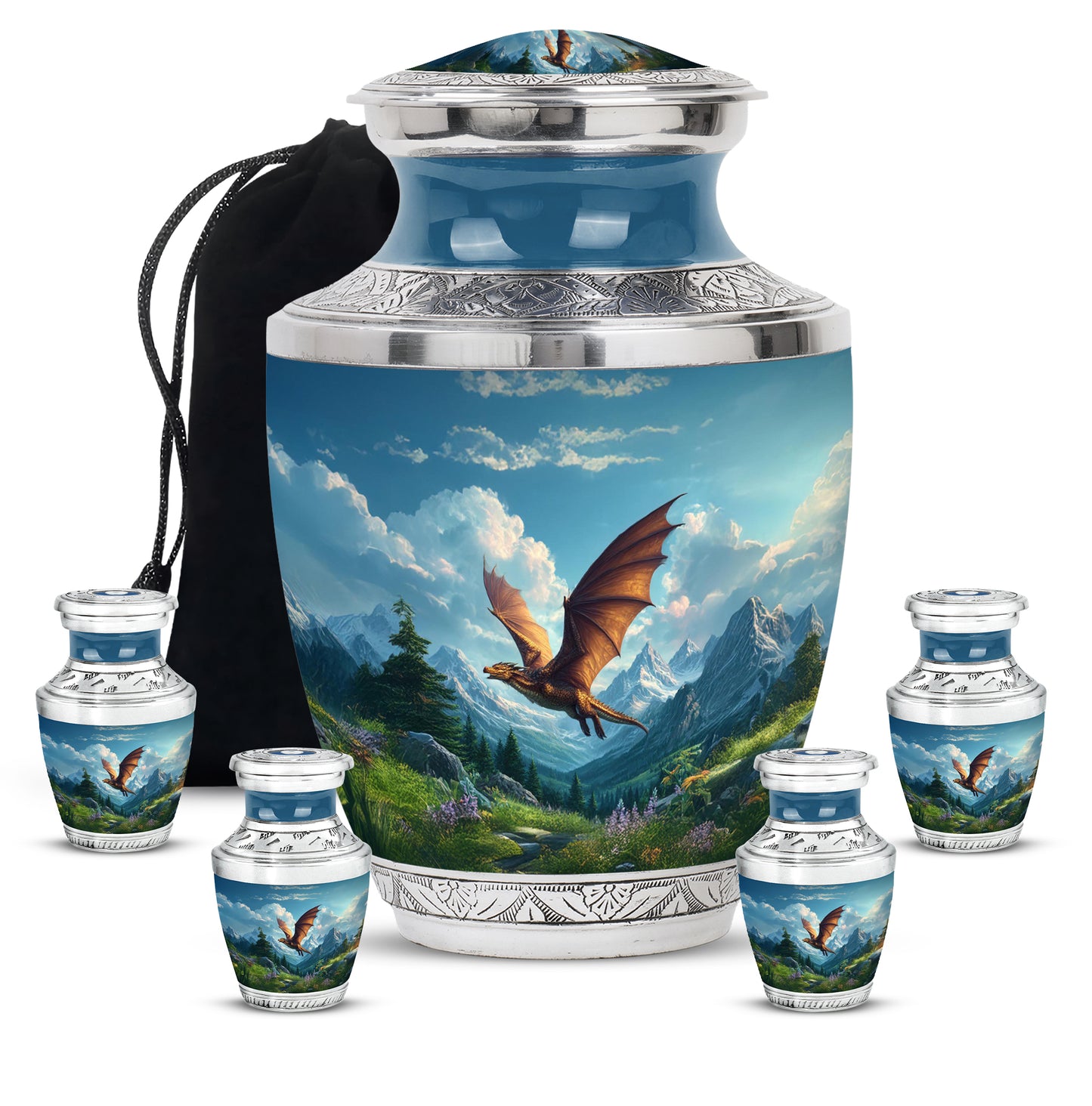 Twilight Blue Dragon Cremation Urn lifestyle display on memorial shelf - artistic dragon interpretation with creative detail - memorial set with one large and four small urns