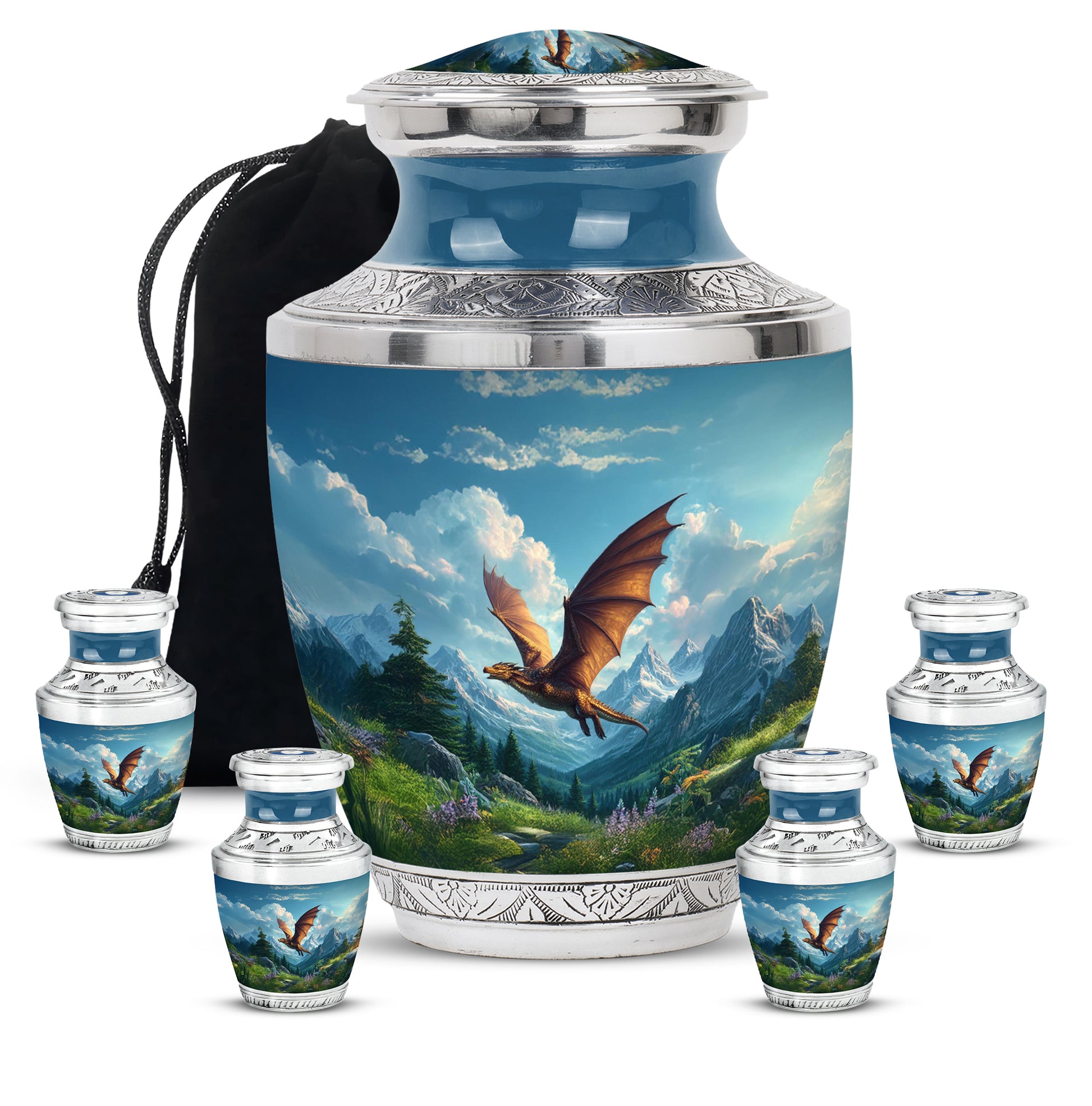 Twilight Blue Dragon Cremation Urn lifestyle display on memorial shelf - artistic dragon interpretation with creative detail - memorial set with one large and four small urns
