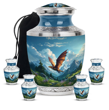 Twilight Blue Dragon Cremation Urn lifestyle display on memorial shelf - artistic dragon interpretation with creative detail - memorial set with one large and four small urns
