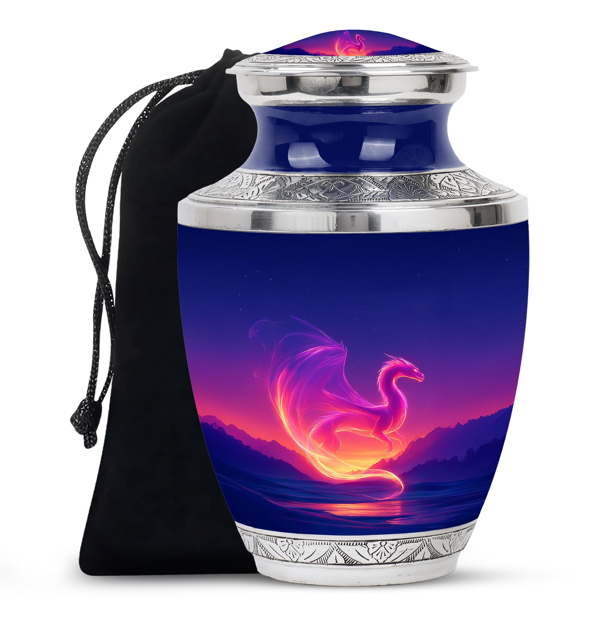 Twilight Blue Dragon Cremation Urn side profile showing urn shape - artistic dragon interpretation with creative detail - full-size 10 inch 200 cubic inch adult cremation urn