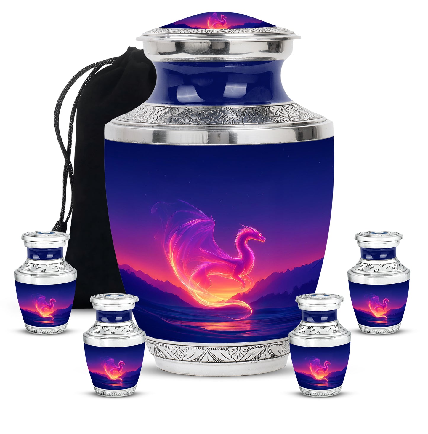 Steel Blue Dragon Cremation Urn lifestyle display on memorial shelf - stylized abstract dragon pattern with bold lines - memorial set with one large and four small urns