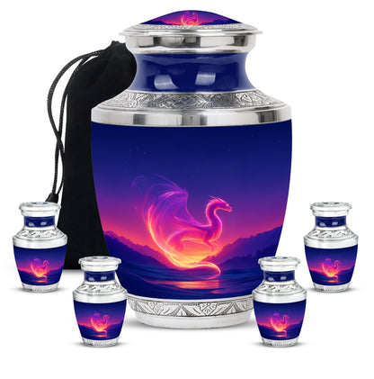 Steel Blue Dragon Cremation Urn lifestyle display on memorial shelf - stylized abstract dragon pattern with bold lines - memorial set with one large and four small urns