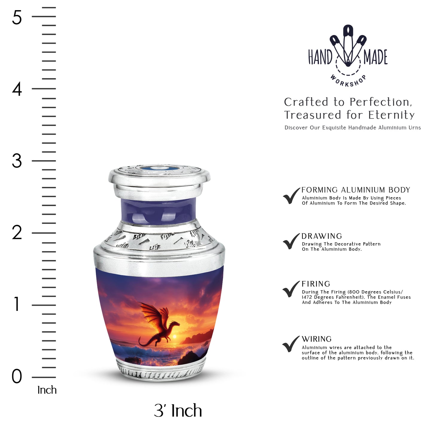 Amethyst Purple Dragon Cremation Urn top-down view of secure threaded lid - modern art-inspired dragon motif on sleek aluminum - mini keepsake memorial for portion of cremation ashes
