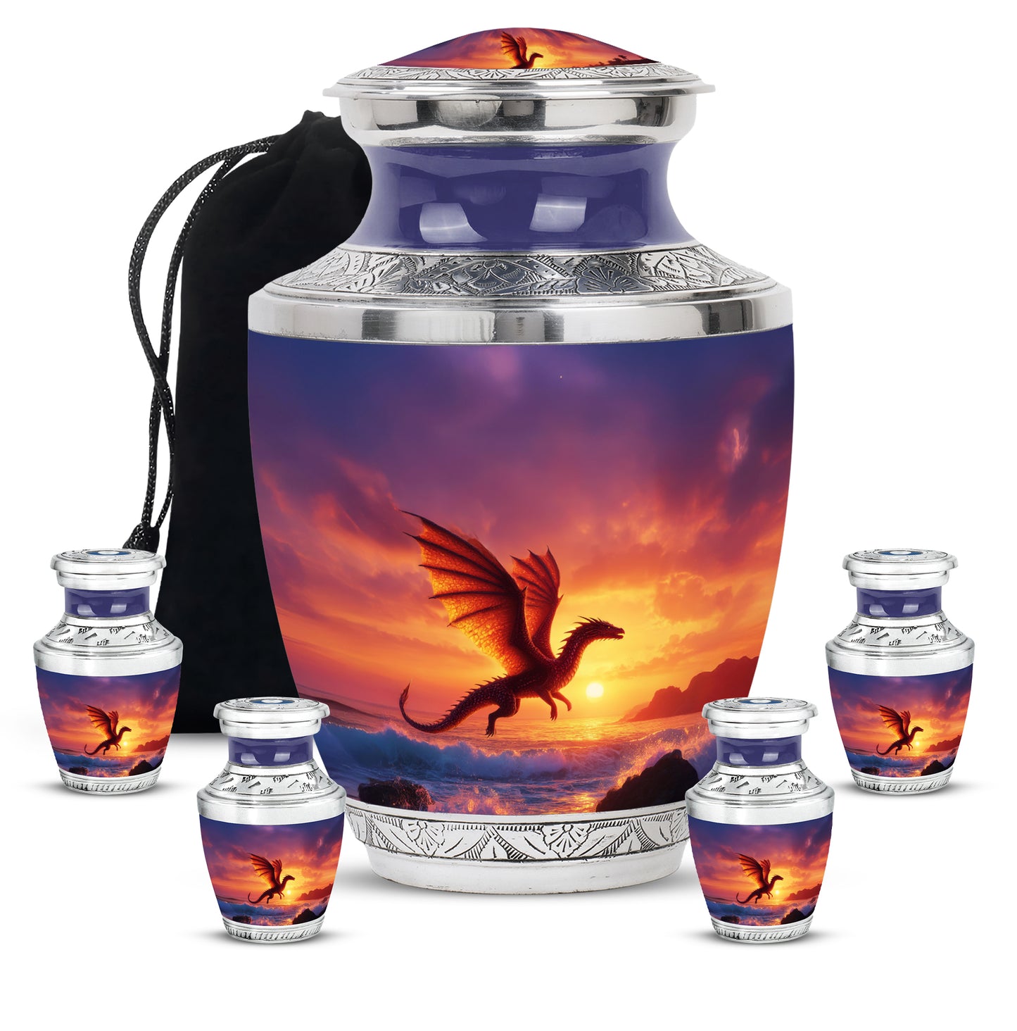 Orchid Purple Dragon Cremation Urn lifestyle display on memorial shelf - modern art-inspired dragon motif on sleek aluminum - memorial set with one large and four small urns