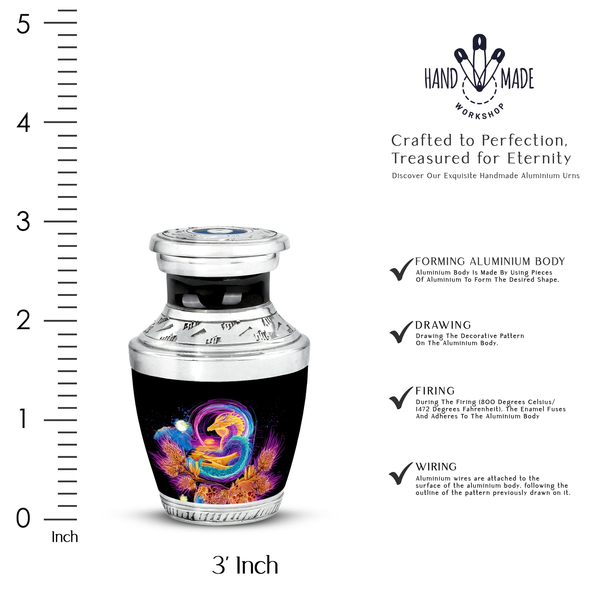 Rich Black Dragon Cremation Urn top-down view of secure threaded lid - modern art-inspired dragon motif on sleek aluminum - mini keepsake memorial for portion of cremation ashes