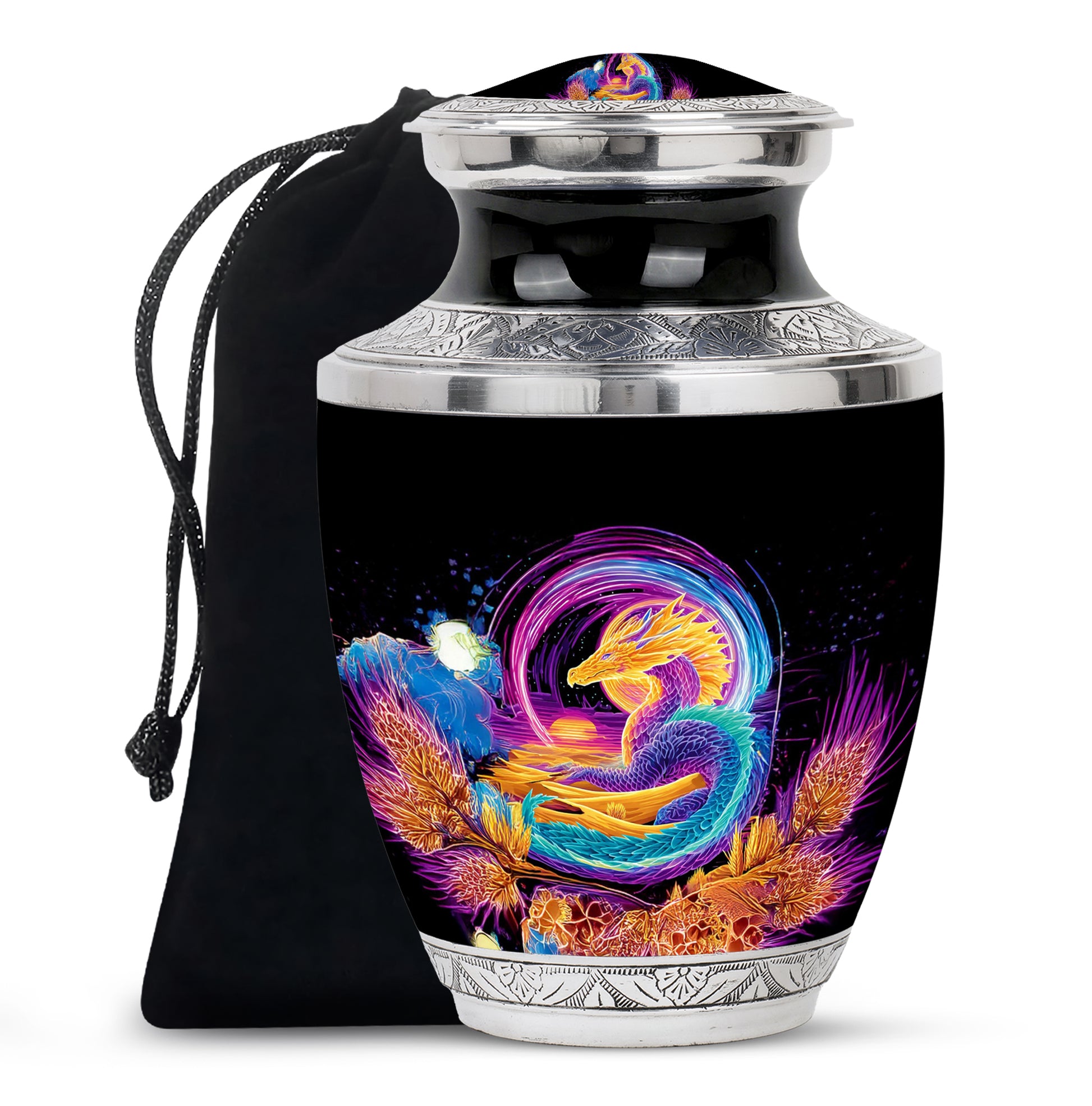 Jet Black Dragon Cremation Urn side profile showing urn shape - modern art-inspired dragon motif on sleek aluminum - full-size 10 inch 200 cubic inch adult cremation urn