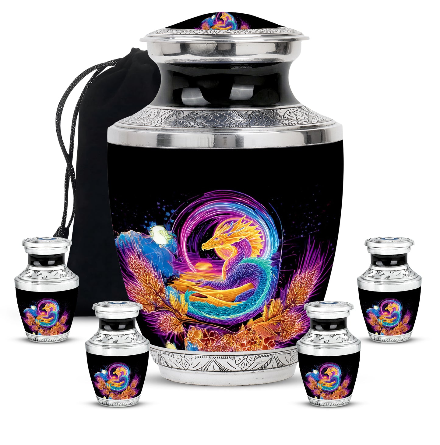 Dark Black Dragon Cremation Urn lifestyle display on memorial shelf - stylized abstract dragon pattern with bold lines - memorial set with one large and four small urns