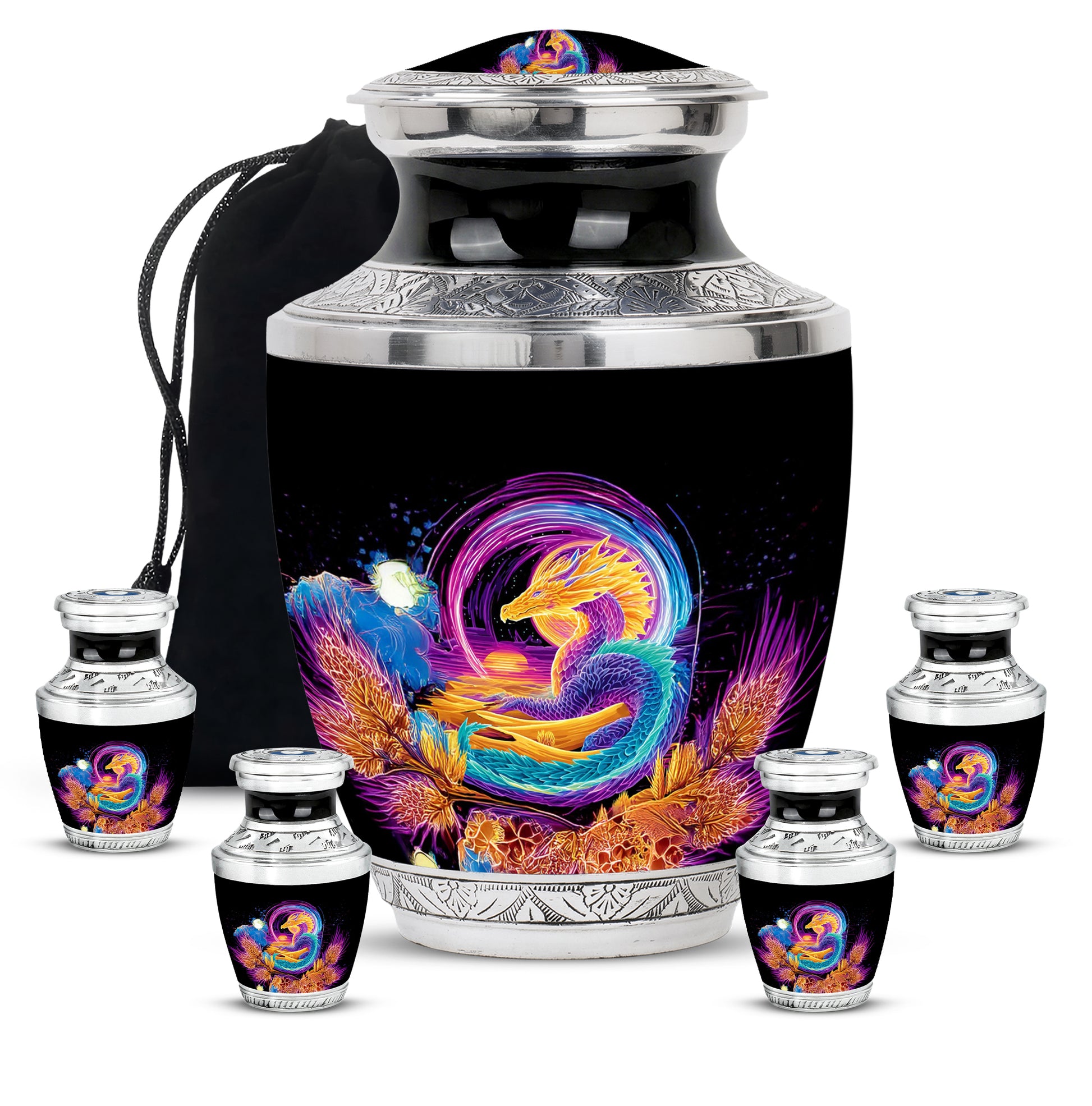 Dark Black Dragon Cremation Urn lifestyle display on memorial shelf - stylized abstract dragon pattern with bold lines - memorial set with one large and four small urns