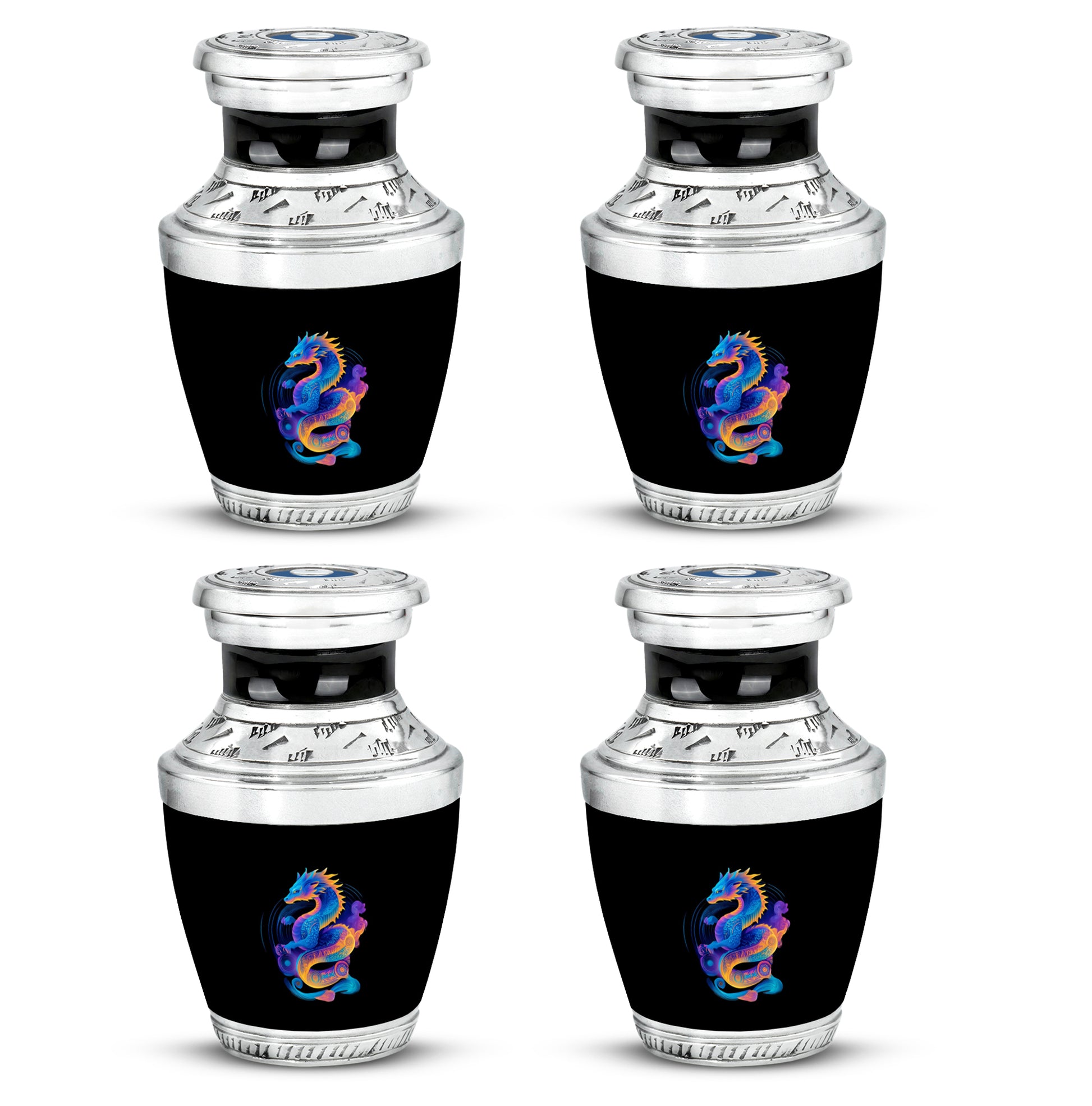 Rich Black Dragon Cremation Urn back view with polished surface - contemporary dragon design with modern artistic flair - 10 inch aluminum urn for cremated remains