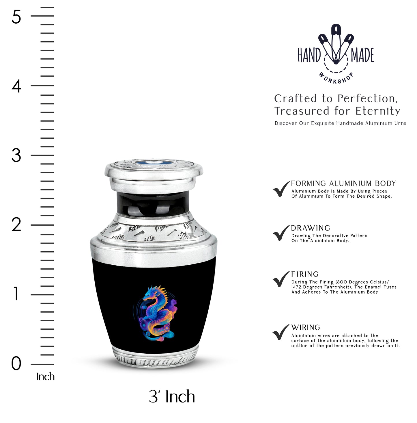 Midnight Black Dragon Cremation Urn top-down view of secure threaded lid - stylized abstract dragon pattern with bold lines - mini keepsake memorial for portion of cremation ashes