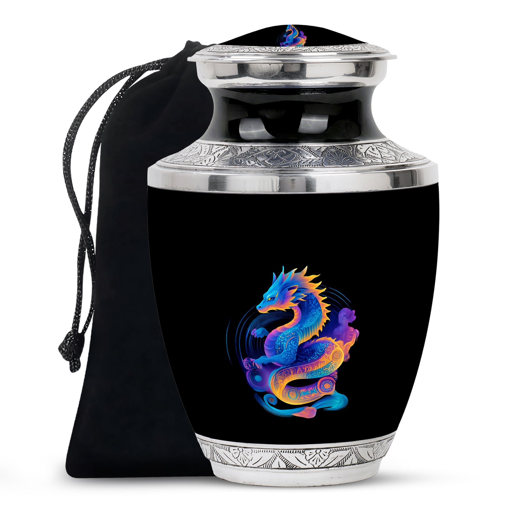 Midnight Black Dragon Cremation Urn side profile showing urn shape - artistic dragon interpretation with creative detail - full-size 10 inch 200 cubic inch adult cremation urn