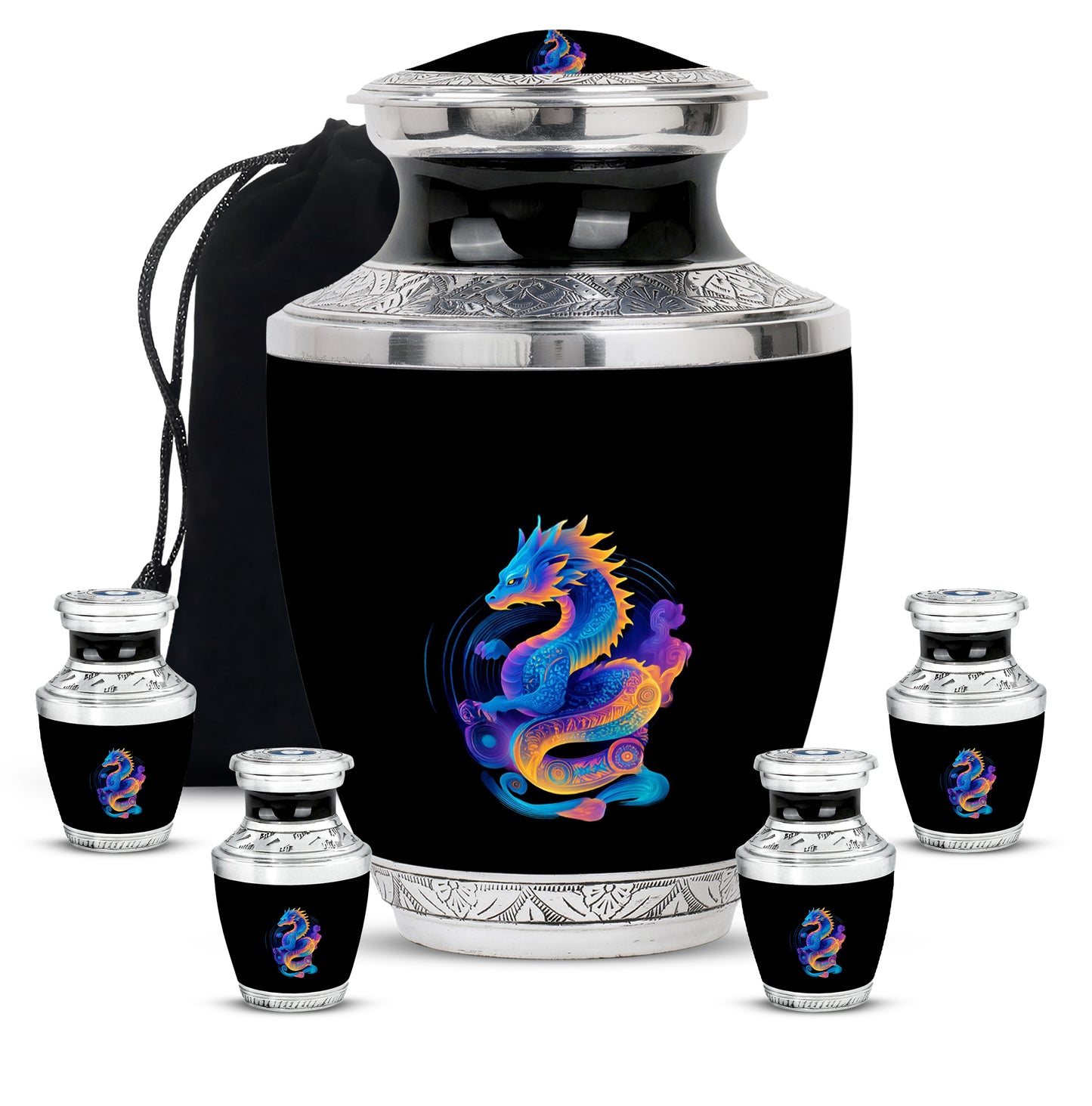 Charcoal Black Dragon Cremation Urn lifestyle display on memorial shelf - stylized abstract dragon pattern with bold lines - memorial set with one large and four small urns