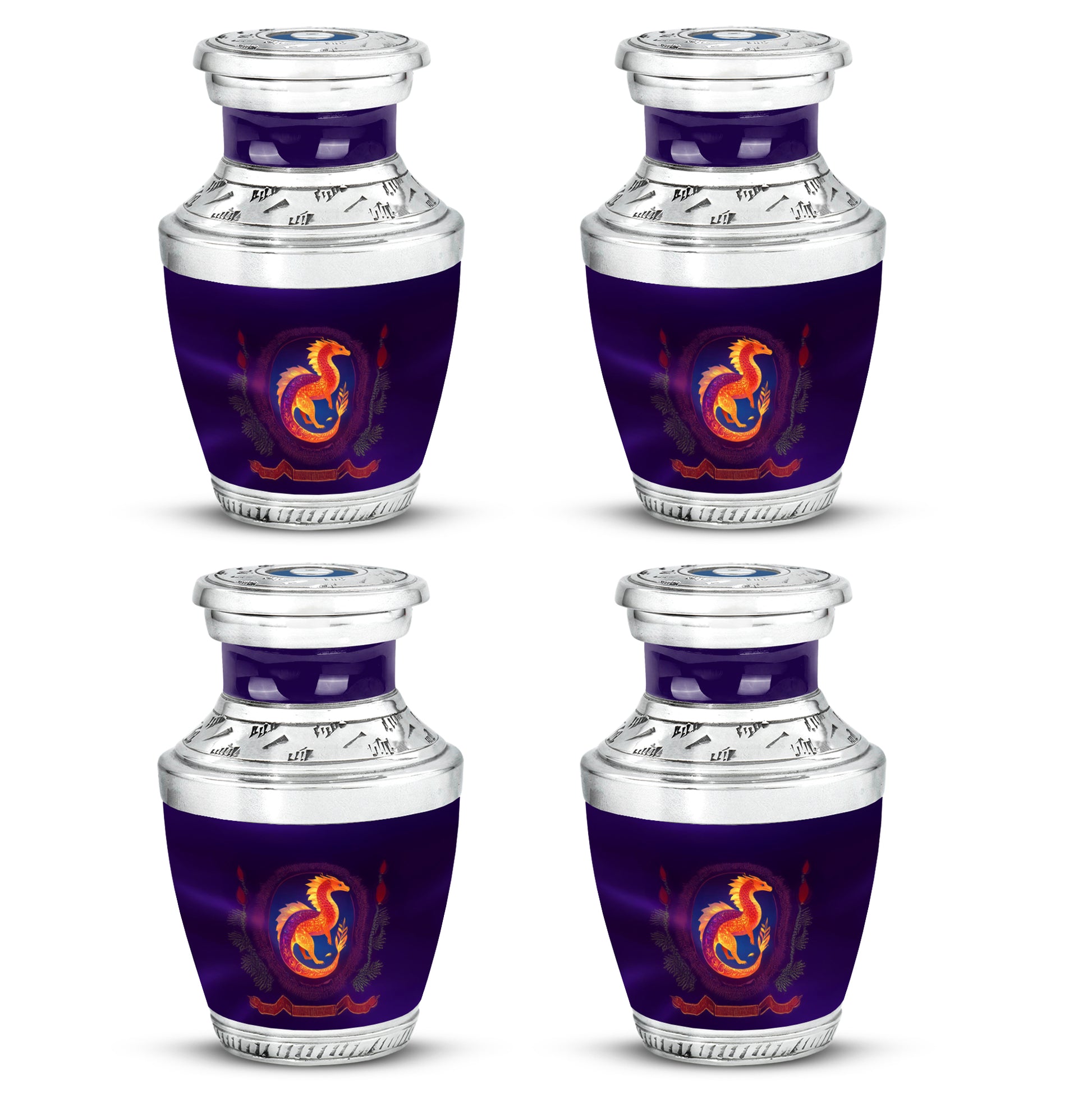 Twilight Purple Dragon Cremation Urn back view with polished surface - artistic dragon interpretation with creative detail - 10 inch aluminum urn for cremated remains