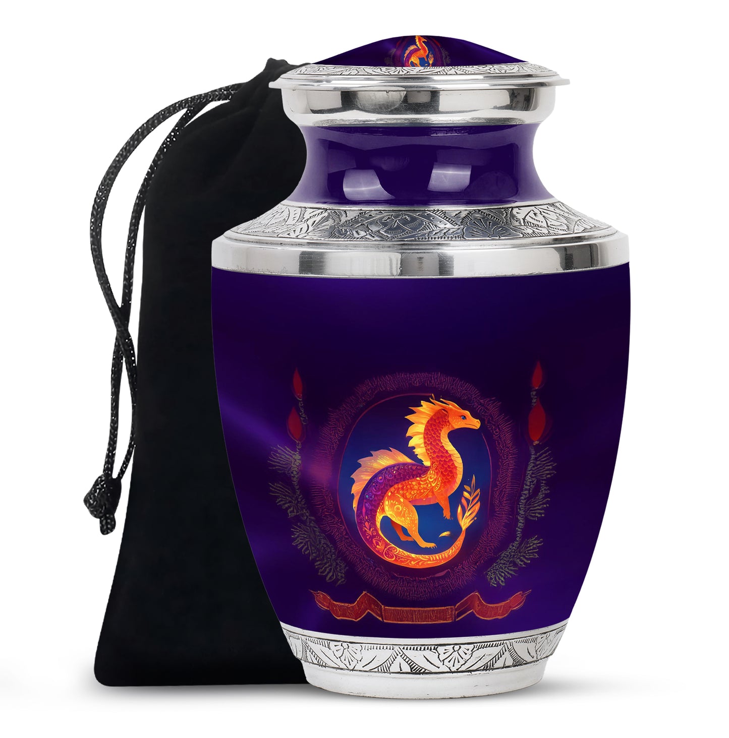 Lavender Purple Dragon Cremation Urn side profile showing urn shape - artistic dragon interpretation with creative detail - full-size 10 inch 200 cubic inch adult cremation urn