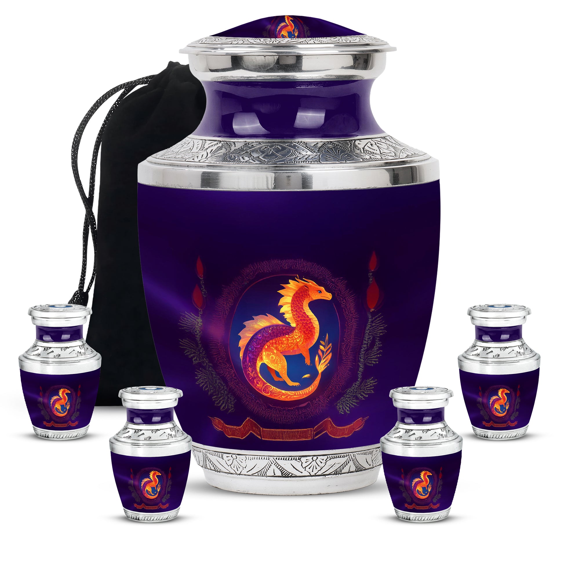 Lavender Purple Dragon Cremation Urn lifestyle display on memorial shelf - artistic dragon interpretation with creative detail - memorial set with one large and four small urns