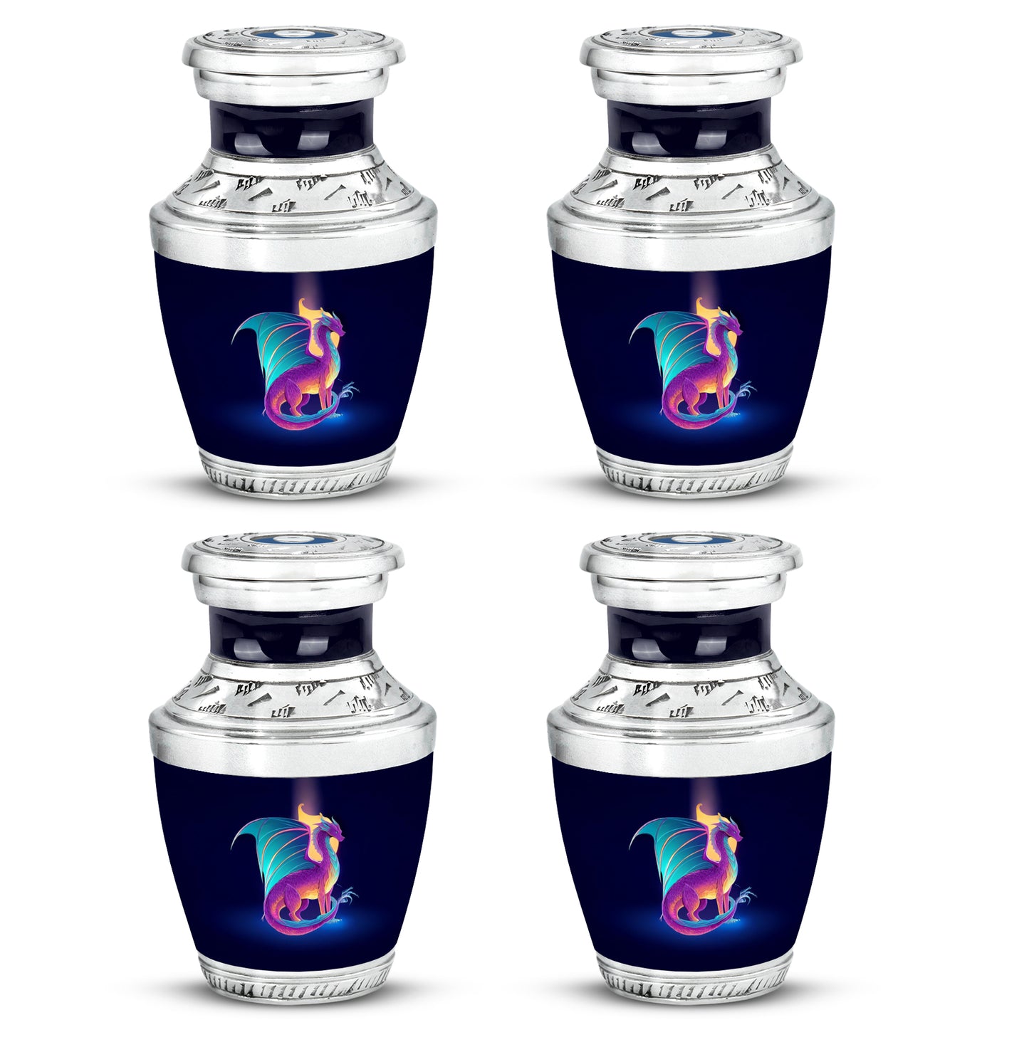 Azure Dragon Cremation Urn back view with polished surface - modern art-inspired dragon motif on sleek aluminum - 10 inch aluminum urn for cremated remains