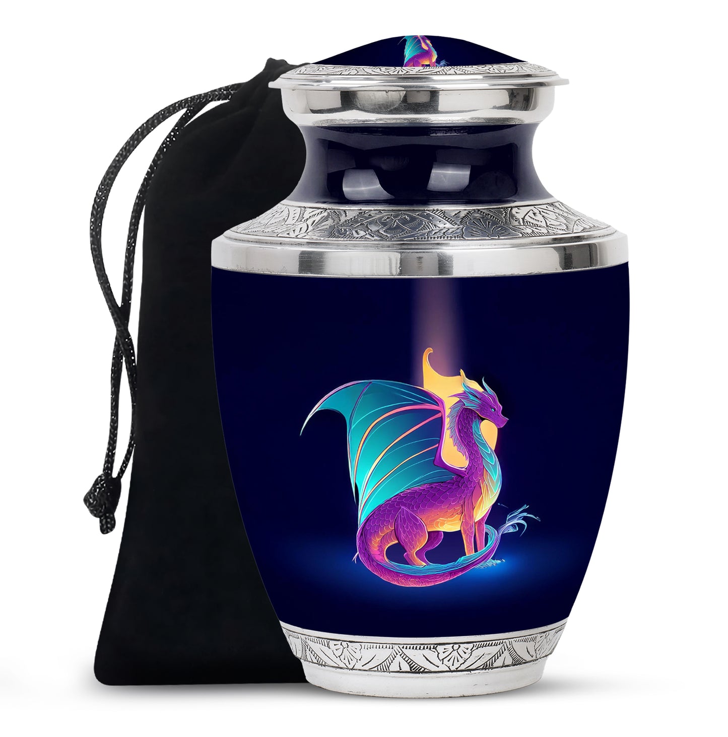 Twilight Blue Dragon Cremation Urn side profile showing urn shape - artistic dragon interpretation with creative detail - full-size 10 inch 200 cubic inch adult cremation urn