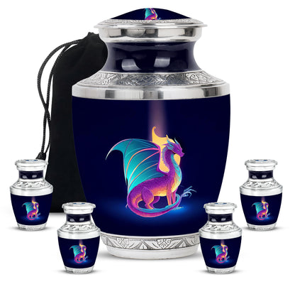 Serene Blue Dragon Cremation Urn lifestyle display on memorial shelf - stylized abstract dragon pattern with bold lines - memorial set with one large and four small urns