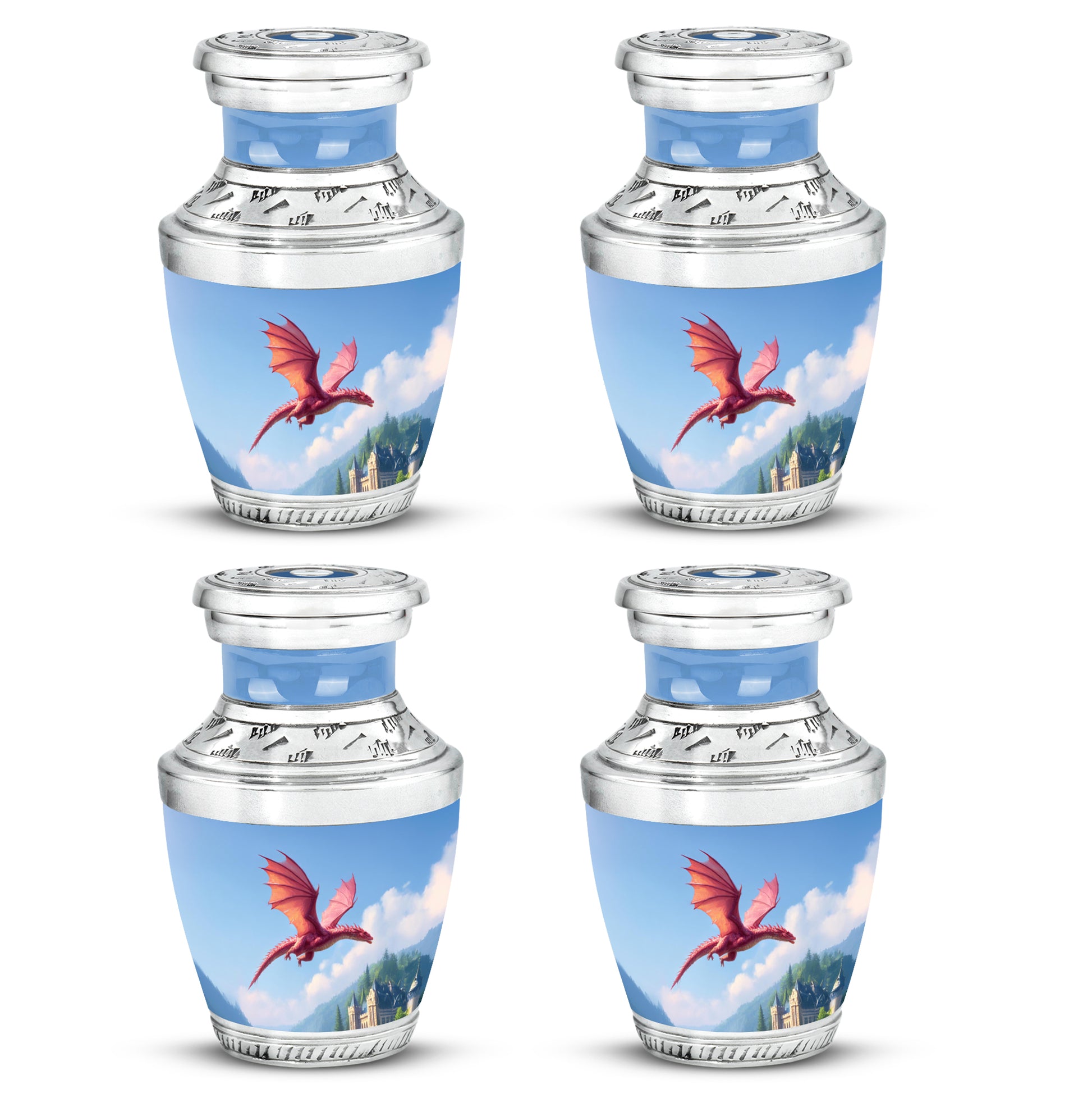 Azure Dragon Cremation Urn back view with polished surface - modern art-inspired dragon motif on sleek aluminum - 10 inch aluminum urn for cremated remains