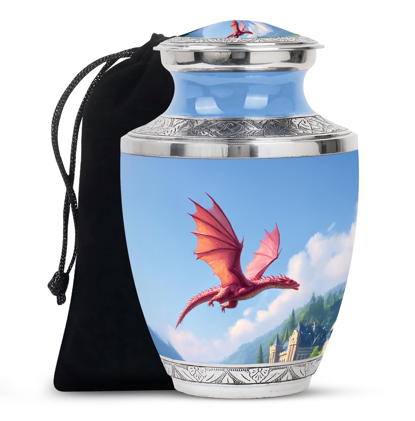 Sky Blue Dragon Cremation Urn side profile showing urn shape - modern art-inspired dragon motif on sleek aluminum - full-size 10 inch 200 cubic inch adult cremation urn
