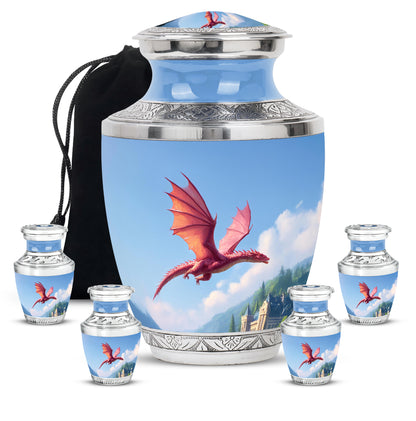 Indigo Dragon Cremation Urn lifestyle display on memorial shelf - modern art-inspired dragon motif on sleek aluminum - memorial set with one large and four small urns