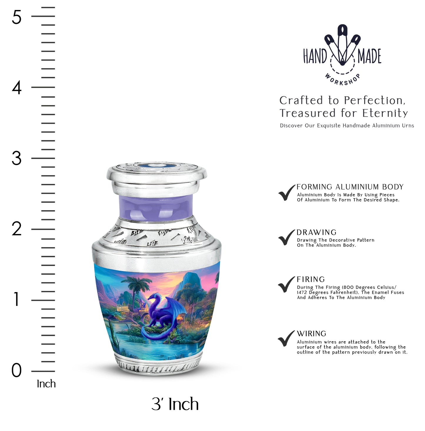 Slate Blue Dragon Cremation Urn top-down view of secure threaded lid - modern art-inspired dragon motif on sleek aluminum - mini keepsake memorial for portion of cremation ashes